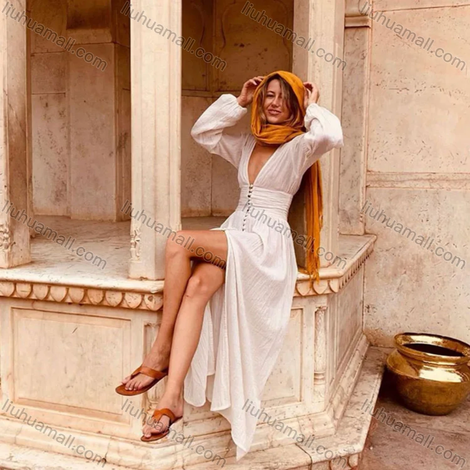 Wholesale Women's Vintage Plain Deep V Neck Button Down Split Hem Maxi Dress - Liuhuamall