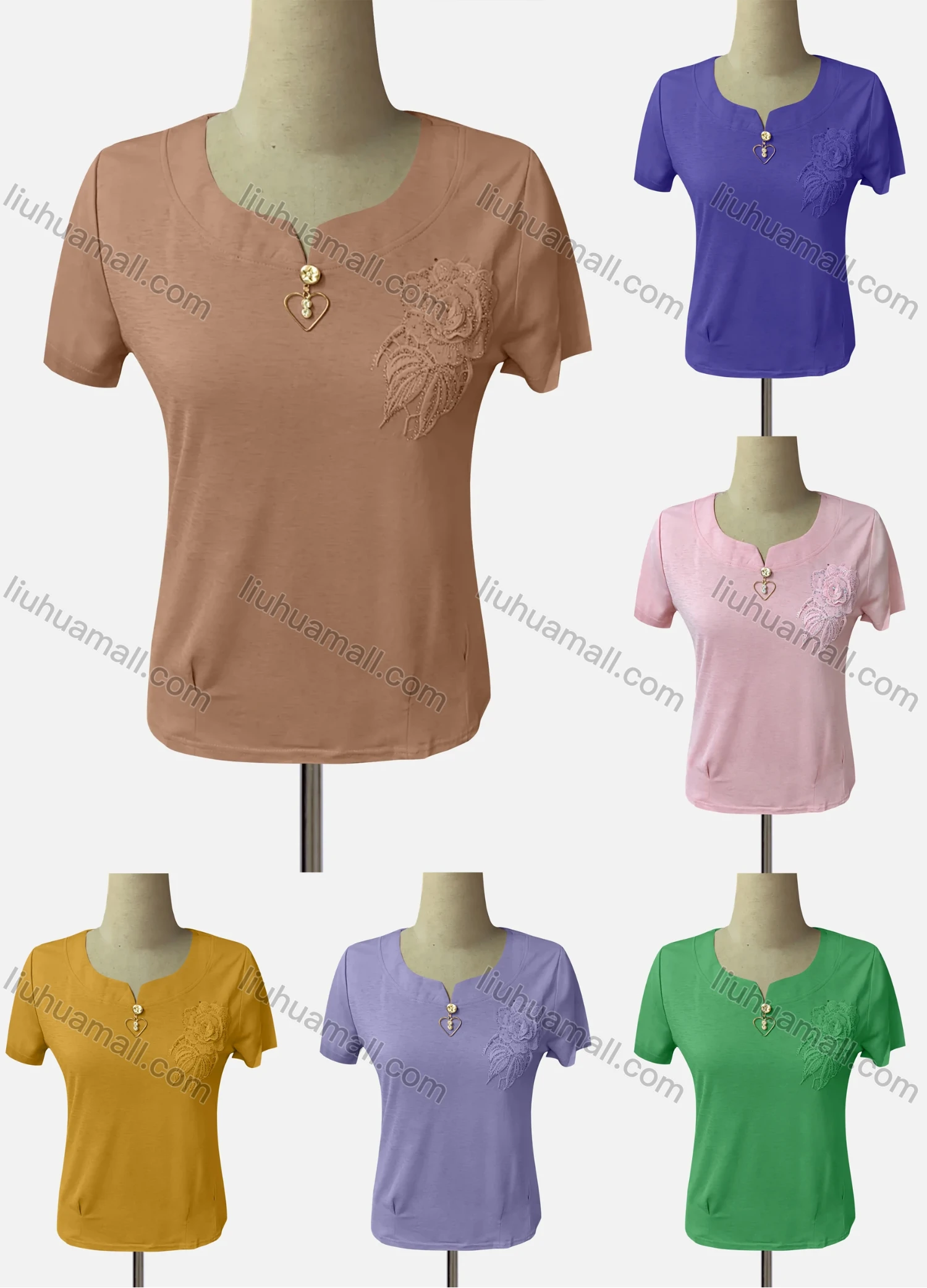Wholesale Women's Casual Notched Neck Short Sleeve Embroidered Blouse - Liuhuamall