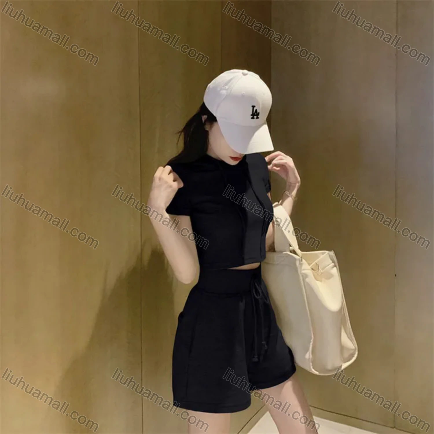 Wholesale Women's Casual Plain Short Sleeve Drawstring Hooded Tops & Drawstring Shorts 2 Piece Set - Liuhuamall