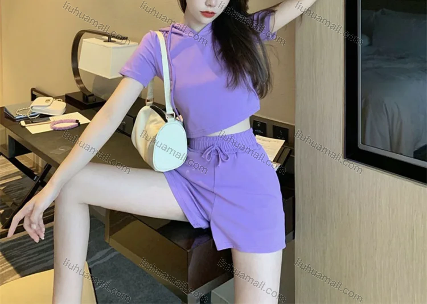 Wholesale Women's Casual Plain Short Sleeve Drawstring Hooded Tops & Drawstring Shorts 2 Piece Set - Liuhuamall