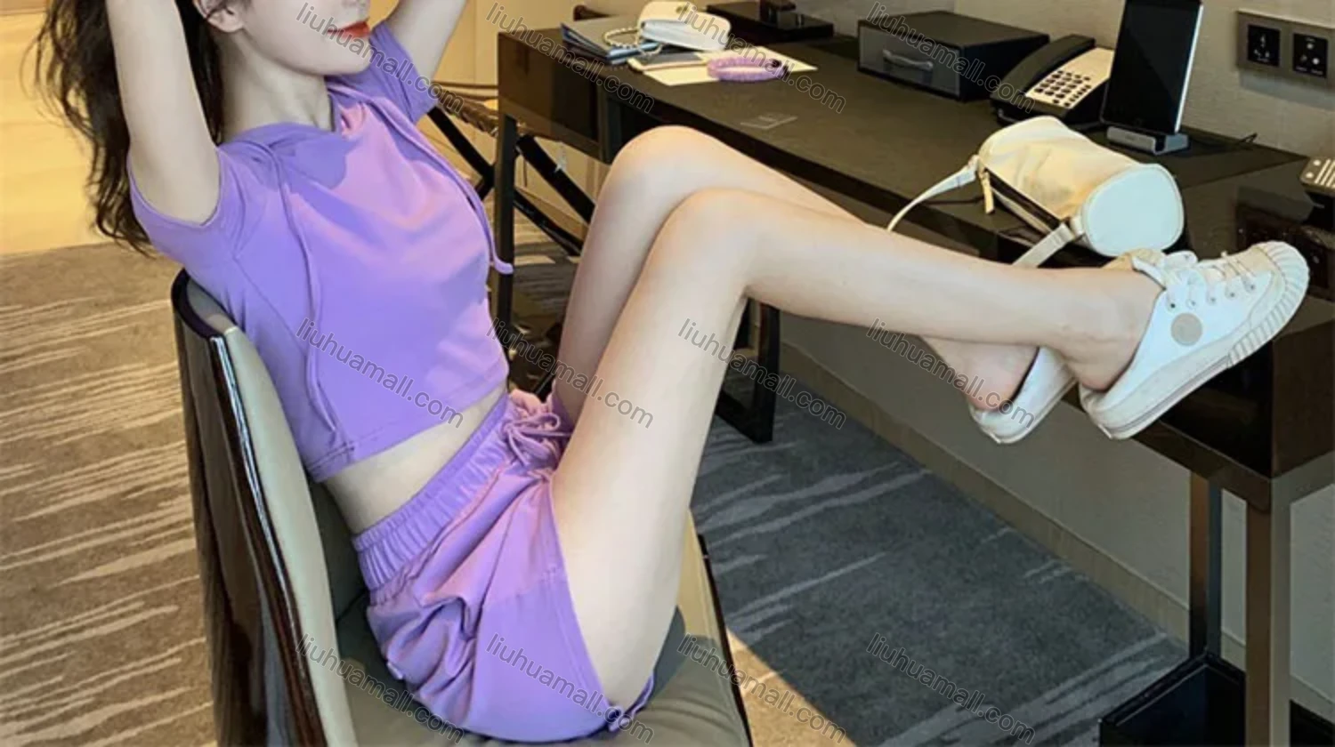 Wholesale Women's Casual Plain Short Sleeve Drawstring Hooded Tops & Drawstring Shorts 2 Piece Set - Liuhuamall