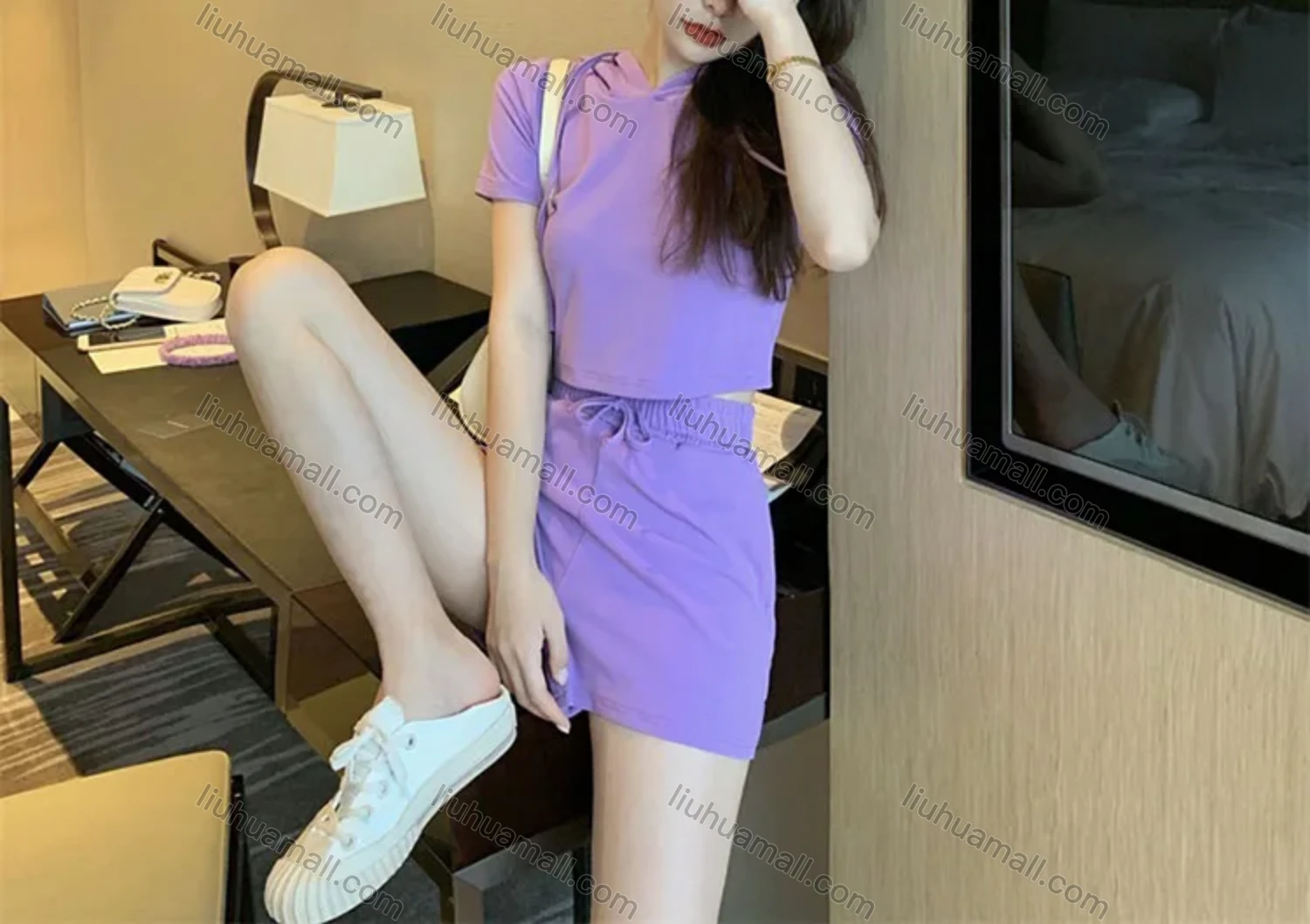 Wholesale Women's Casual Plain Short Sleeve Drawstring Hooded Tops & Drawstring Shorts 2 Piece Set - Liuhuamall