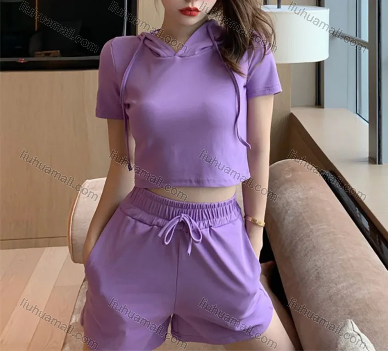 Wholesale Women's Casual Plain Short Sleeve Drawstring Hooded Tops & Drawstring Shorts 2 Piece Set - Liuhuamall