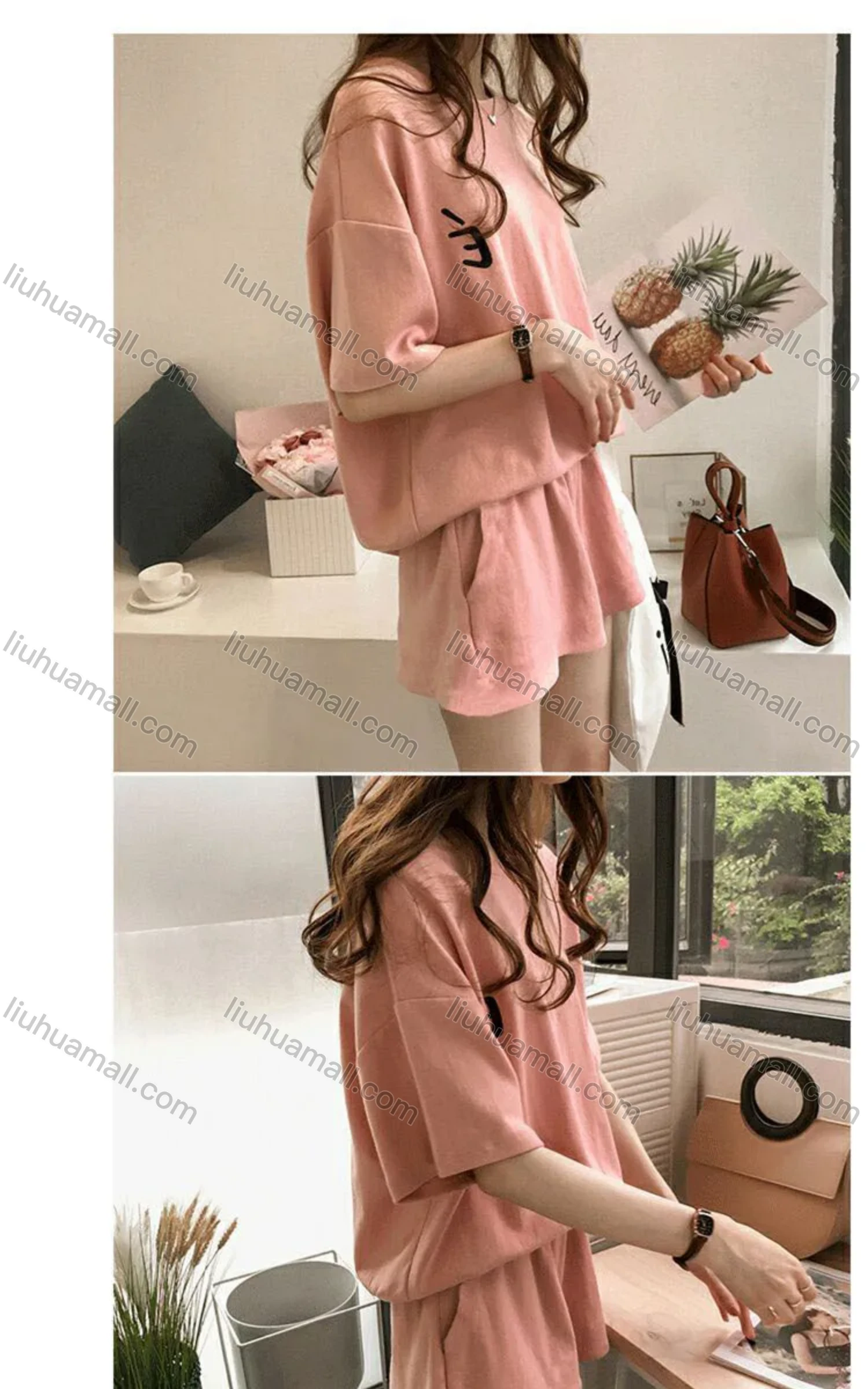 Wholesale Women's Casual Plain Short Sleeve Tops & Shorts 2 Piece Set - Liuhuamall