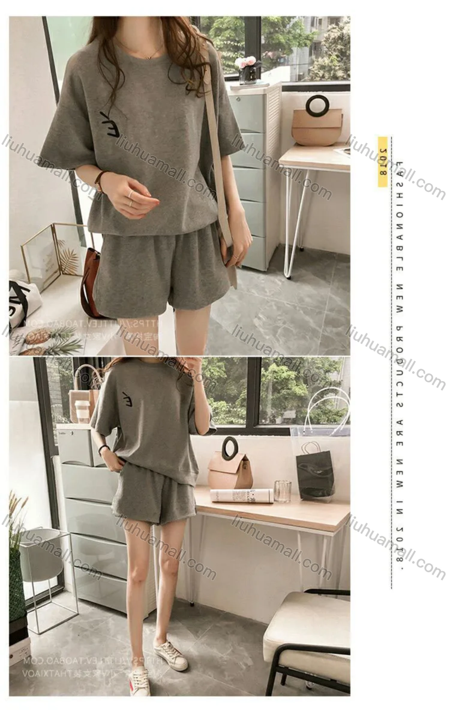 Wholesale Women's Casual Plain Short Sleeve Tops & Shorts 2 Piece Set - Liuhuamall
