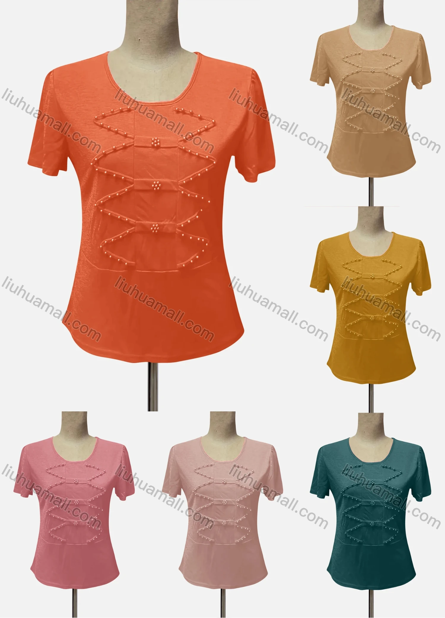 Wholesale Women's Casual Crew Neck Short Sleeve Beaded Blouse - Liuhuamall