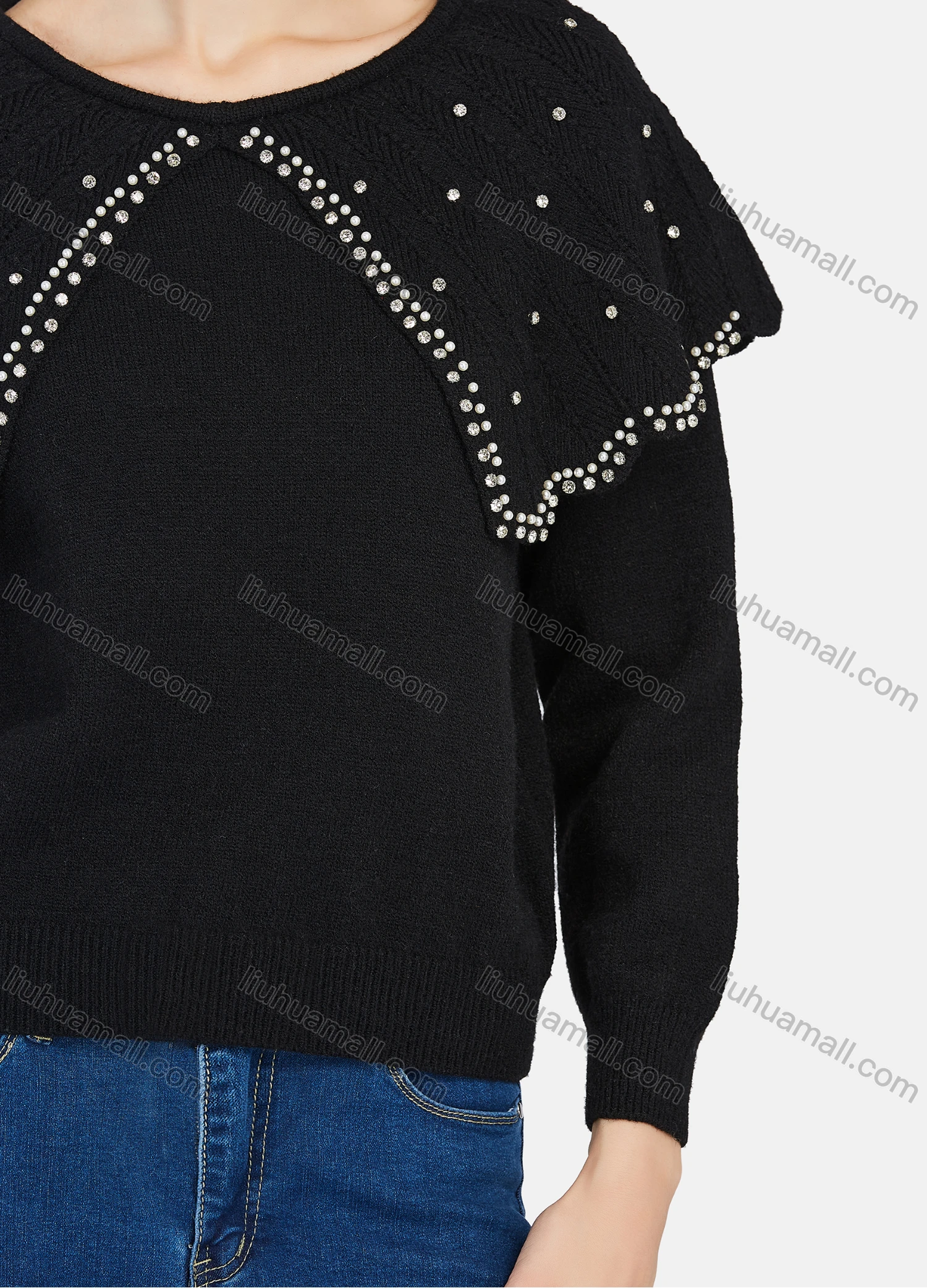 Wholesale Women's Casual Plain Rhinestone Pearl Decor Round Neck Long Sleeve Sweater - Liuhuamall