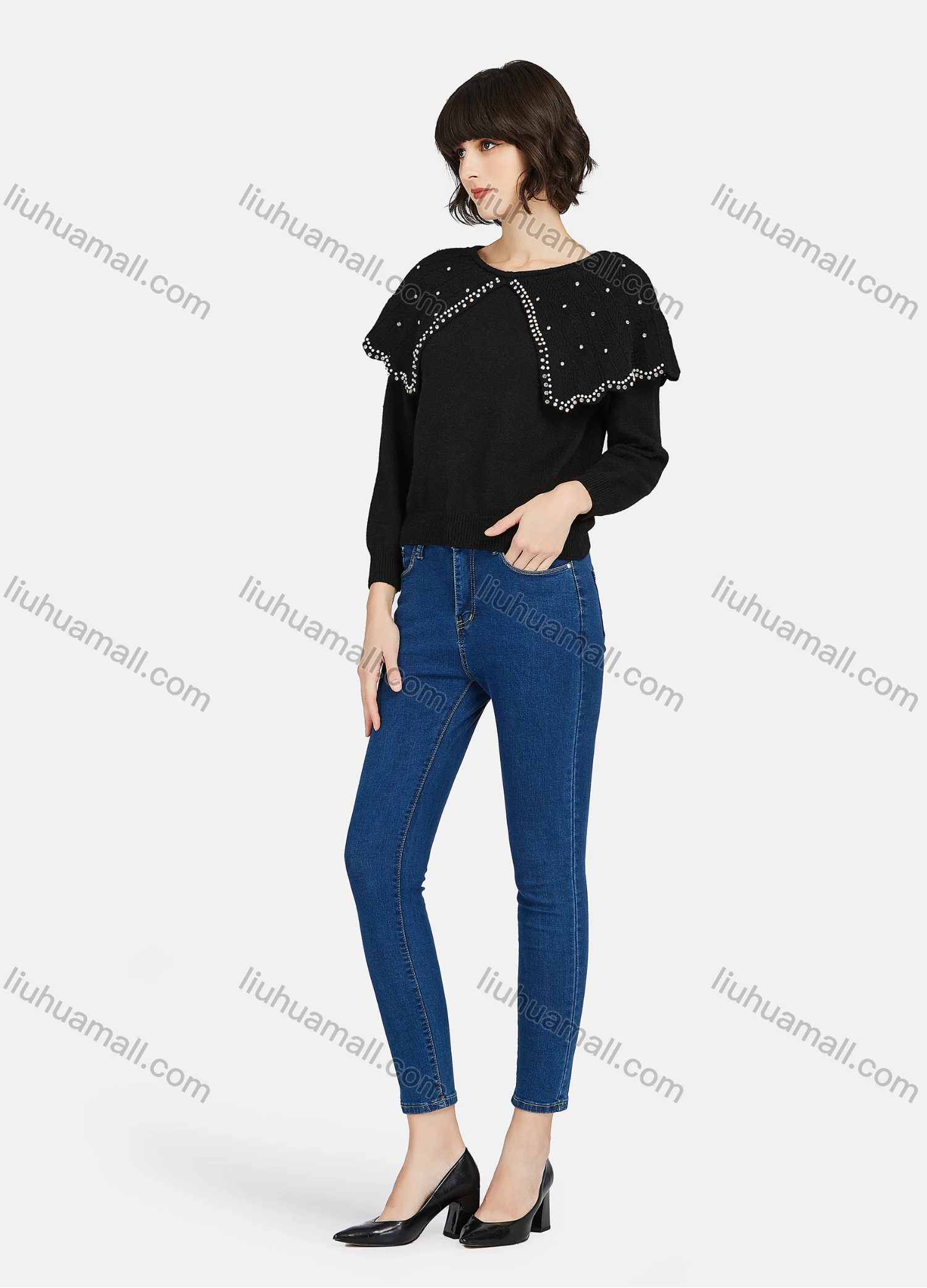 Wholesale Women's Casual Plain Rhinestone Pearl Decor Round Neck Long Sleeve Sweater - Liuhuamall