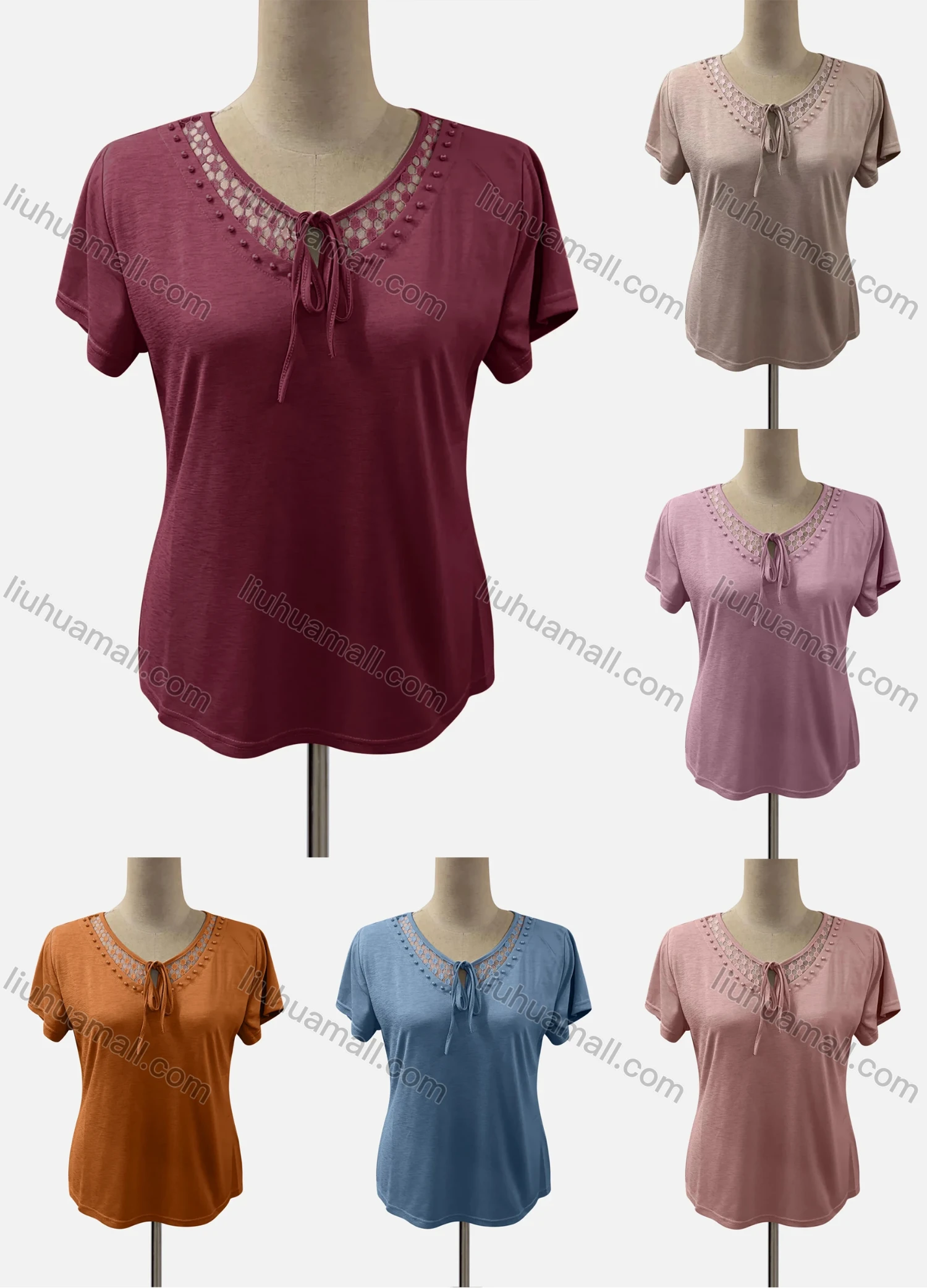 Wholesale Women's Casual Crew Neck Short Sleeve Lace Up Blouse - Liuhuamall