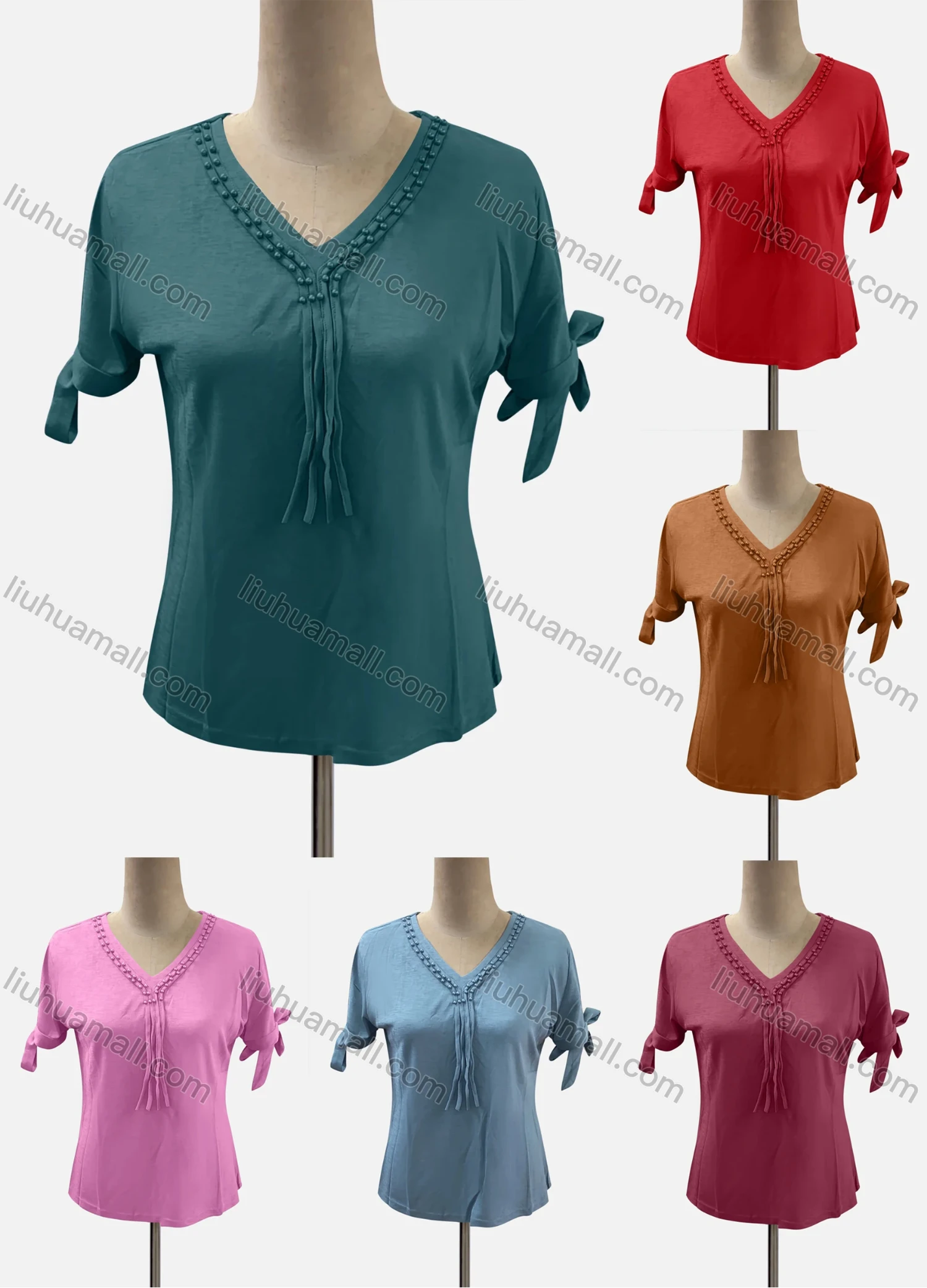 Wholesale Women's Casual V Neck Short Sleeve Lace Up Beaded Blouse - Liuhuamall