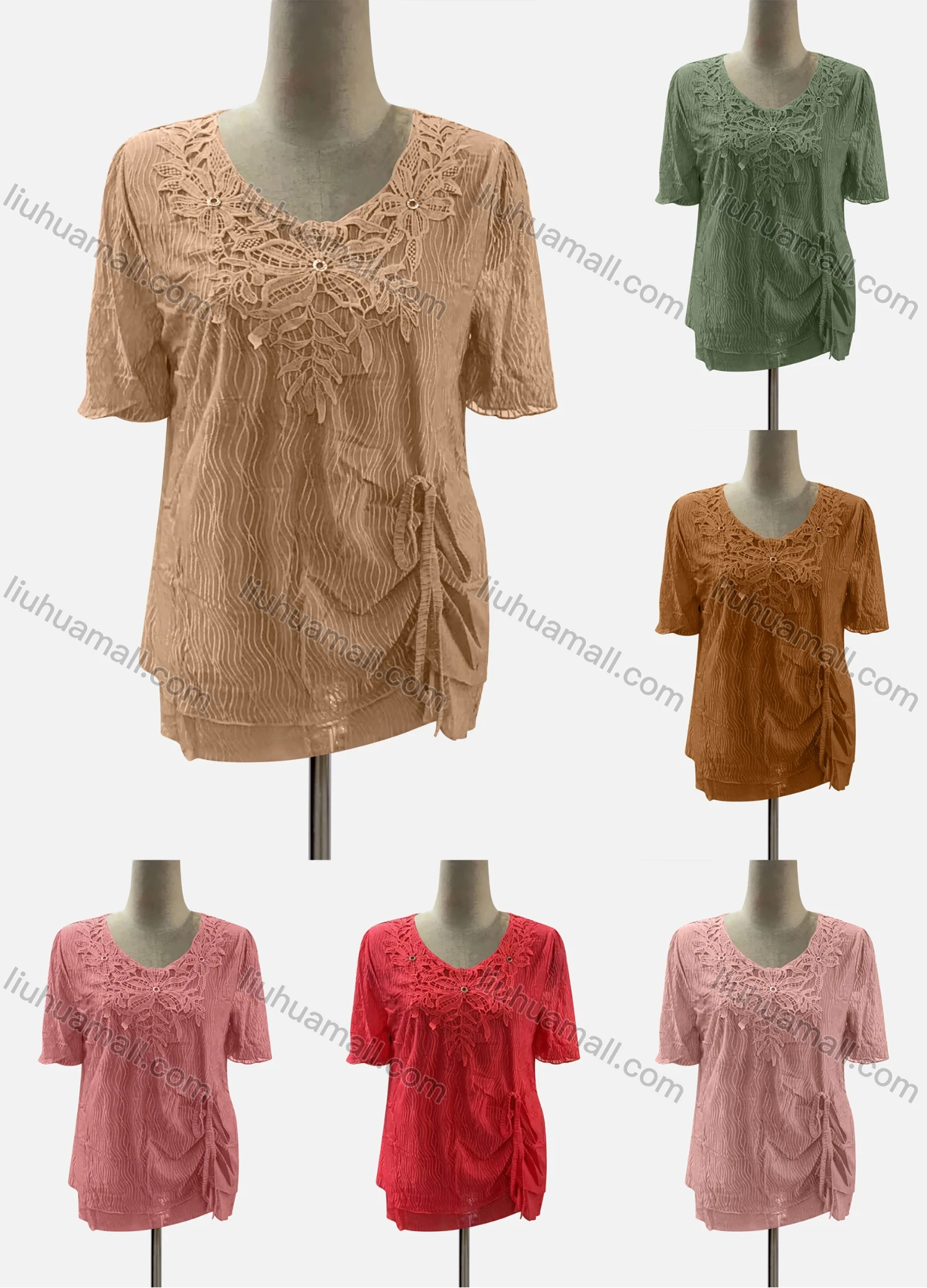 Wholesale Women's Casual Scoop Neck Short Sleeve Lace Up Appliques Blouse - Liuhuamall