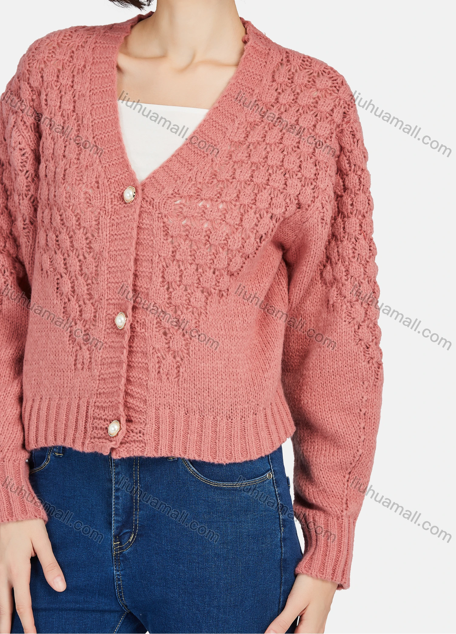 Wholesale Women's Casual Plain V Neck Button Down Long Sleeve Sweater Knit Sweater - Liuhuamall