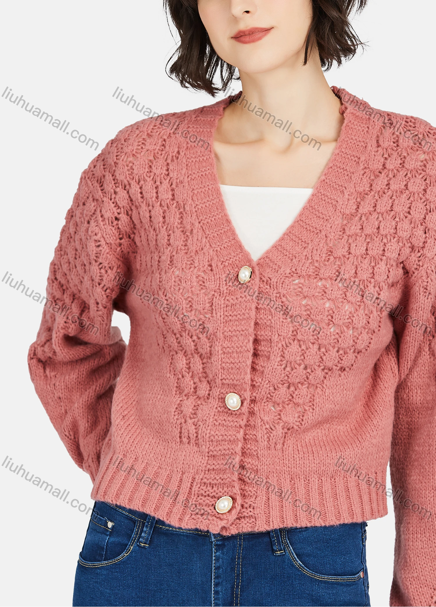 Wholesale Women's Casual Plain V Neck Button Down Long Sleeve Sweater Knit Sweater - Liuhuamall