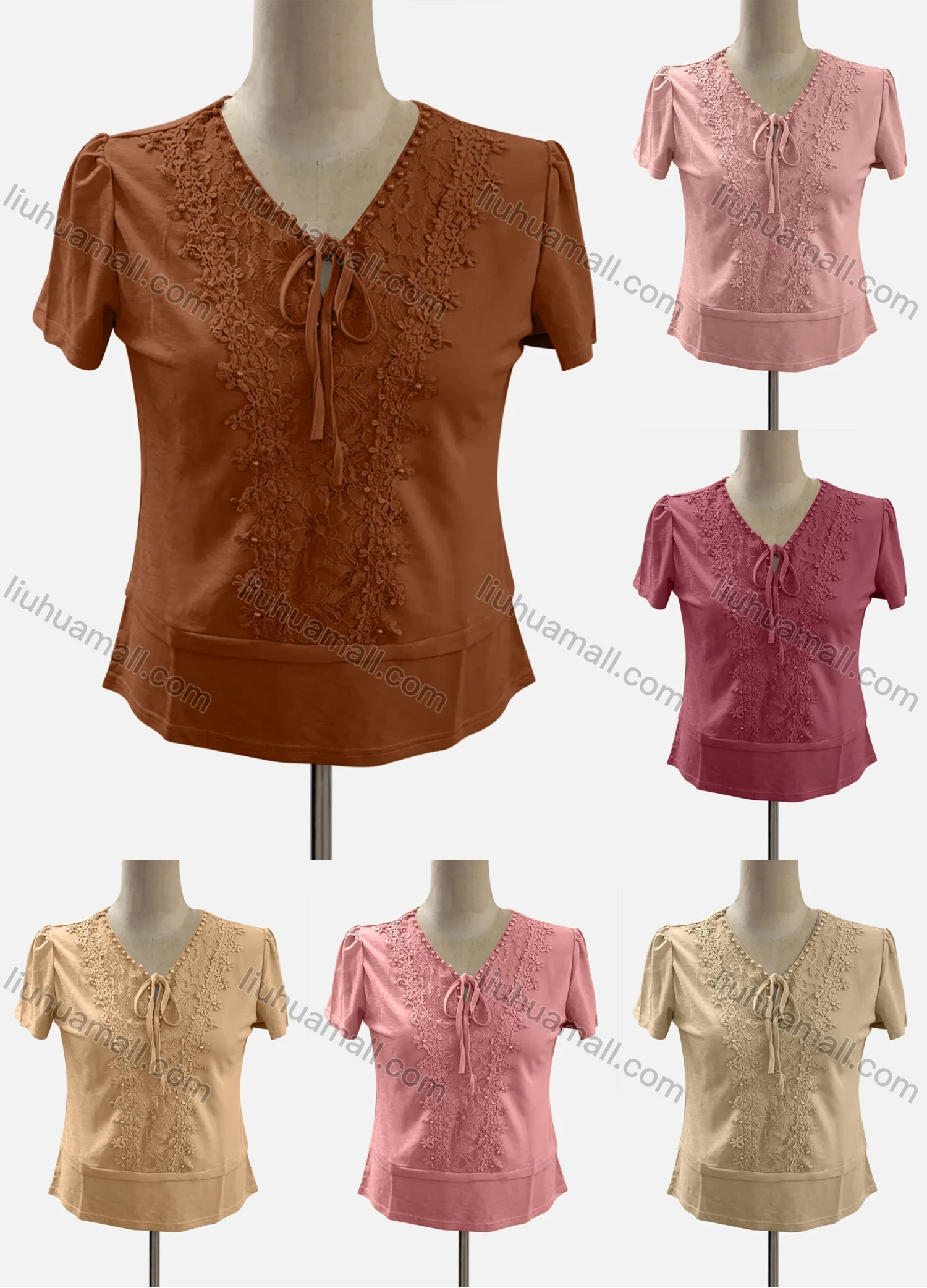 Wholesale Women's Casual Scoop Neck Short Sleeve Lace Up Appliques Blouse - Liuhuamall