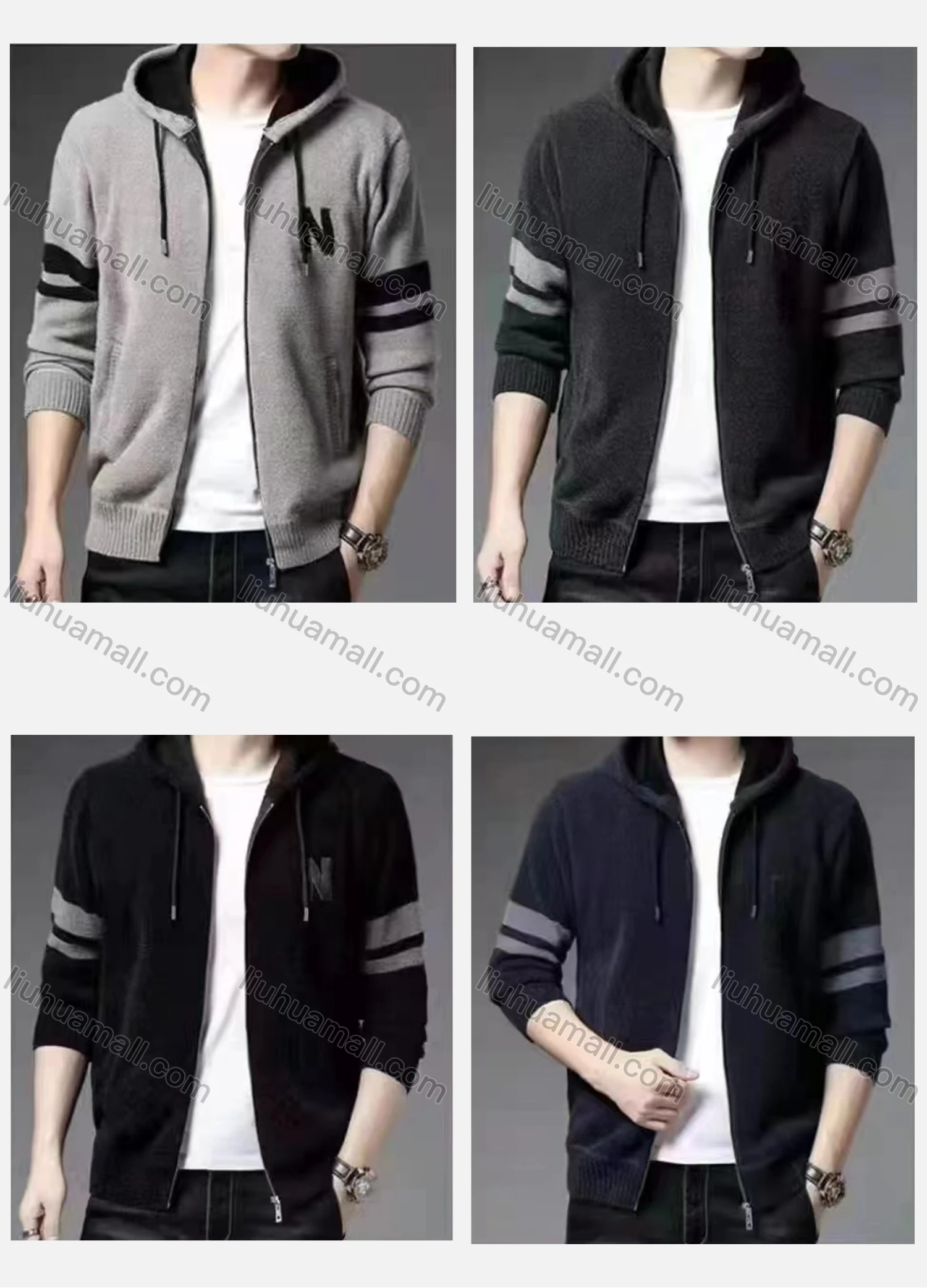 Wholesale Men's Casual Long Sleeve Zipper Striped Letter Print Hooded Jackets With Thermal Lined - Liuhuamall