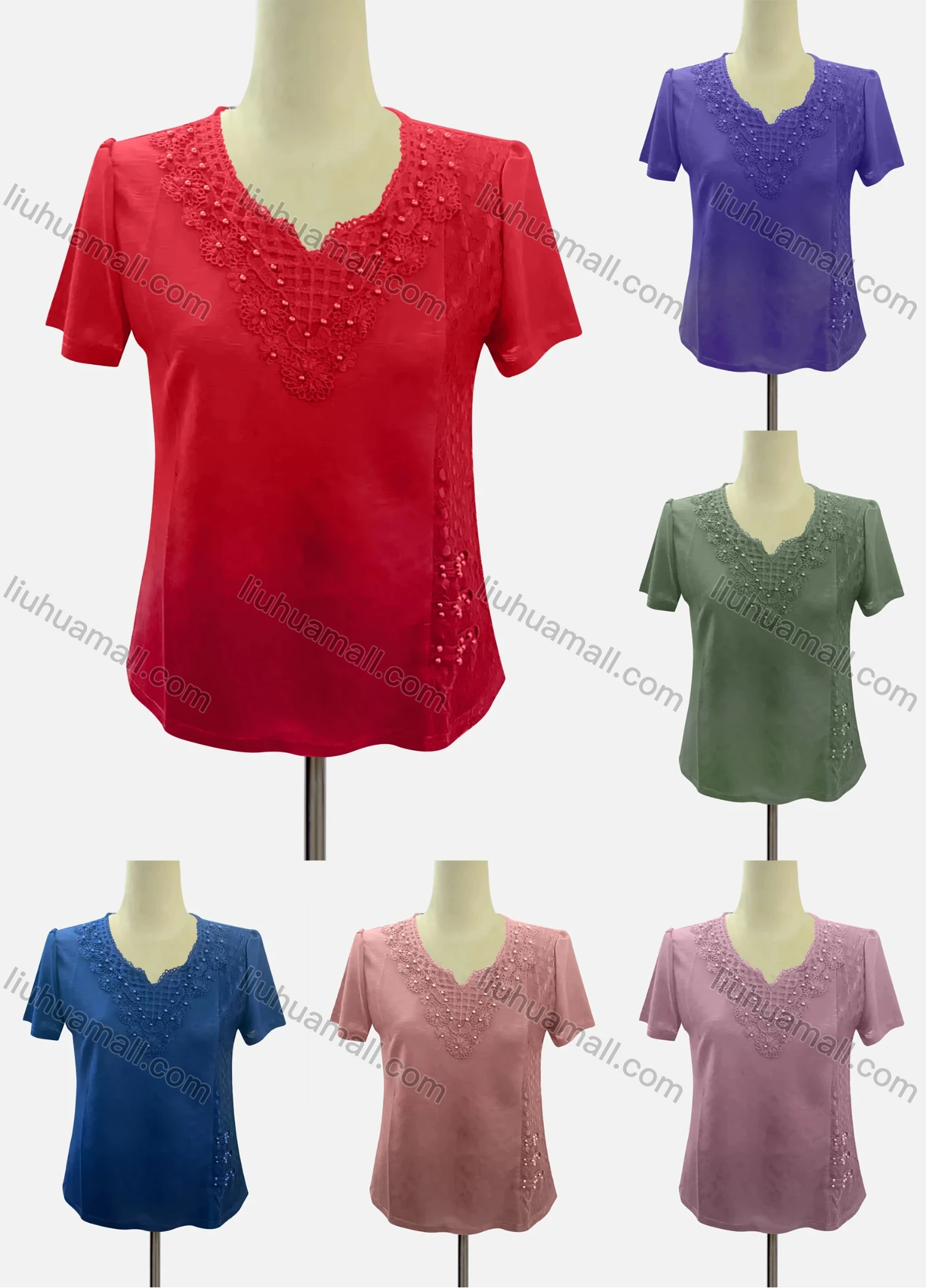 Wholesale Women's Casual Notched Neck Short Sleeve Beaded Appliques Blouse - Liuhuamall