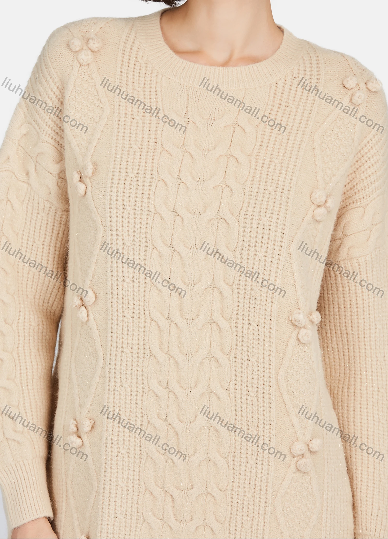 Wholesale Women's Casual Plain Round Neck Pom-pom Long Sleeve Mid-Length Sweater - Liuhuamall