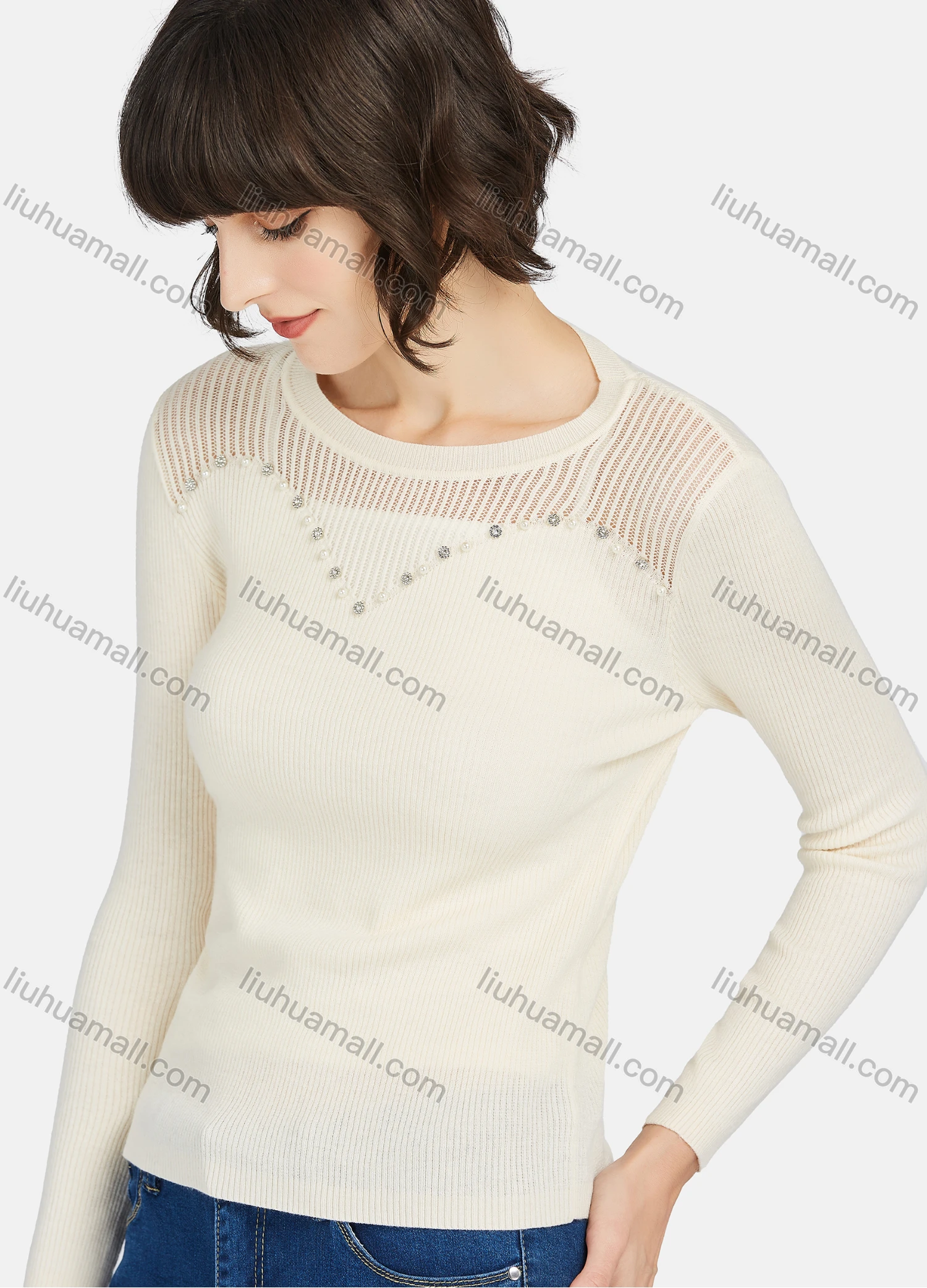 Wholesale Women's Casual Plain Rhinestone Round Neck Long Sleeve Sweater - Liuhuamall
