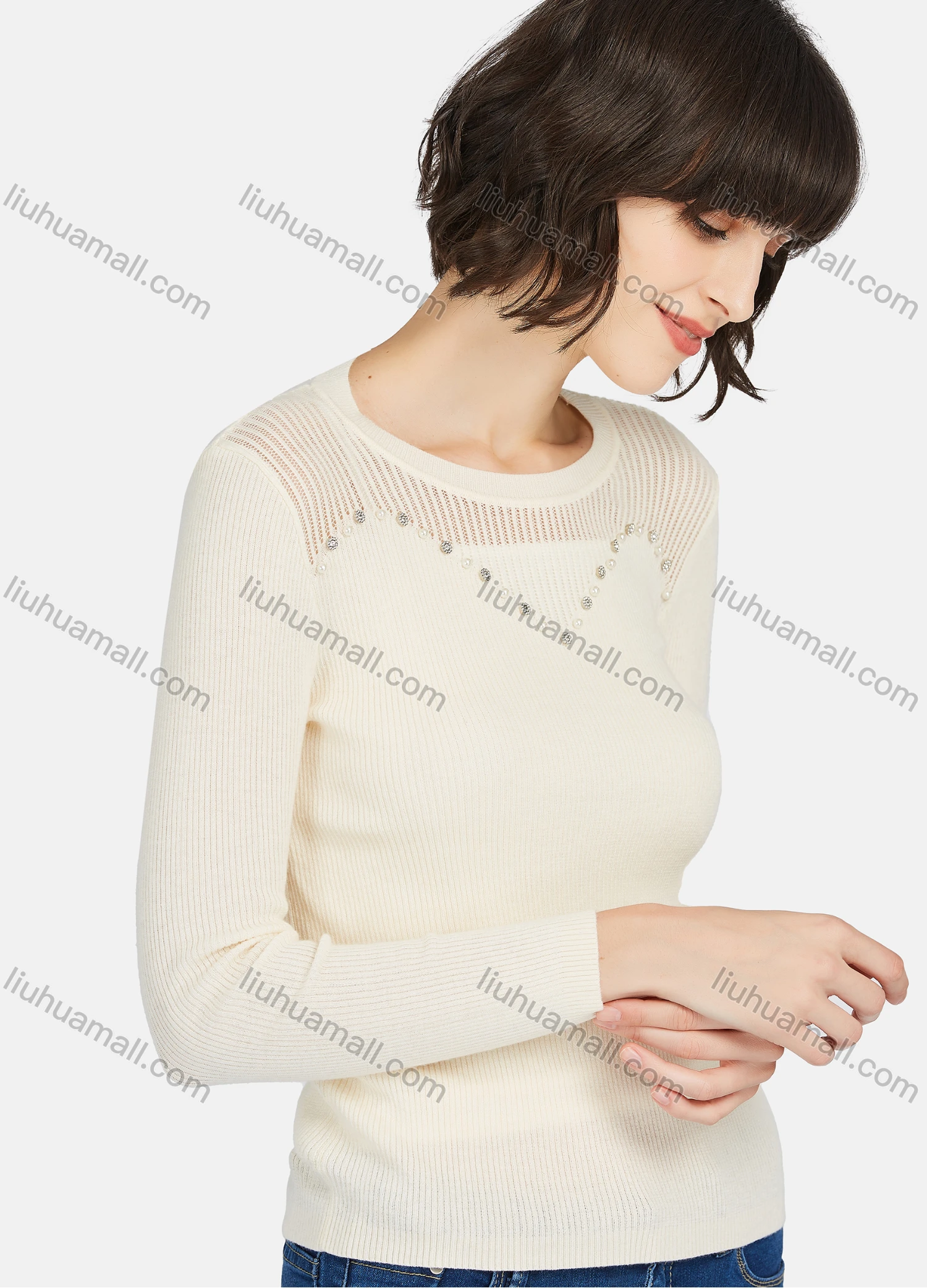 Wholesale Women's Casual Plain Rhinestone Round Neck Long Sleeve Sweater - Liuhuamall