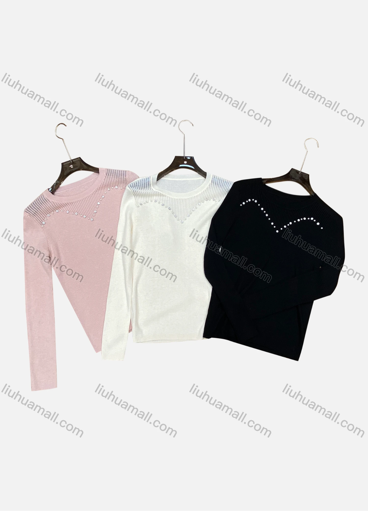 Wholesale Women's Casual Plain Rhinestone Round Neck Long Sleeve Sweater - Liuhuamall