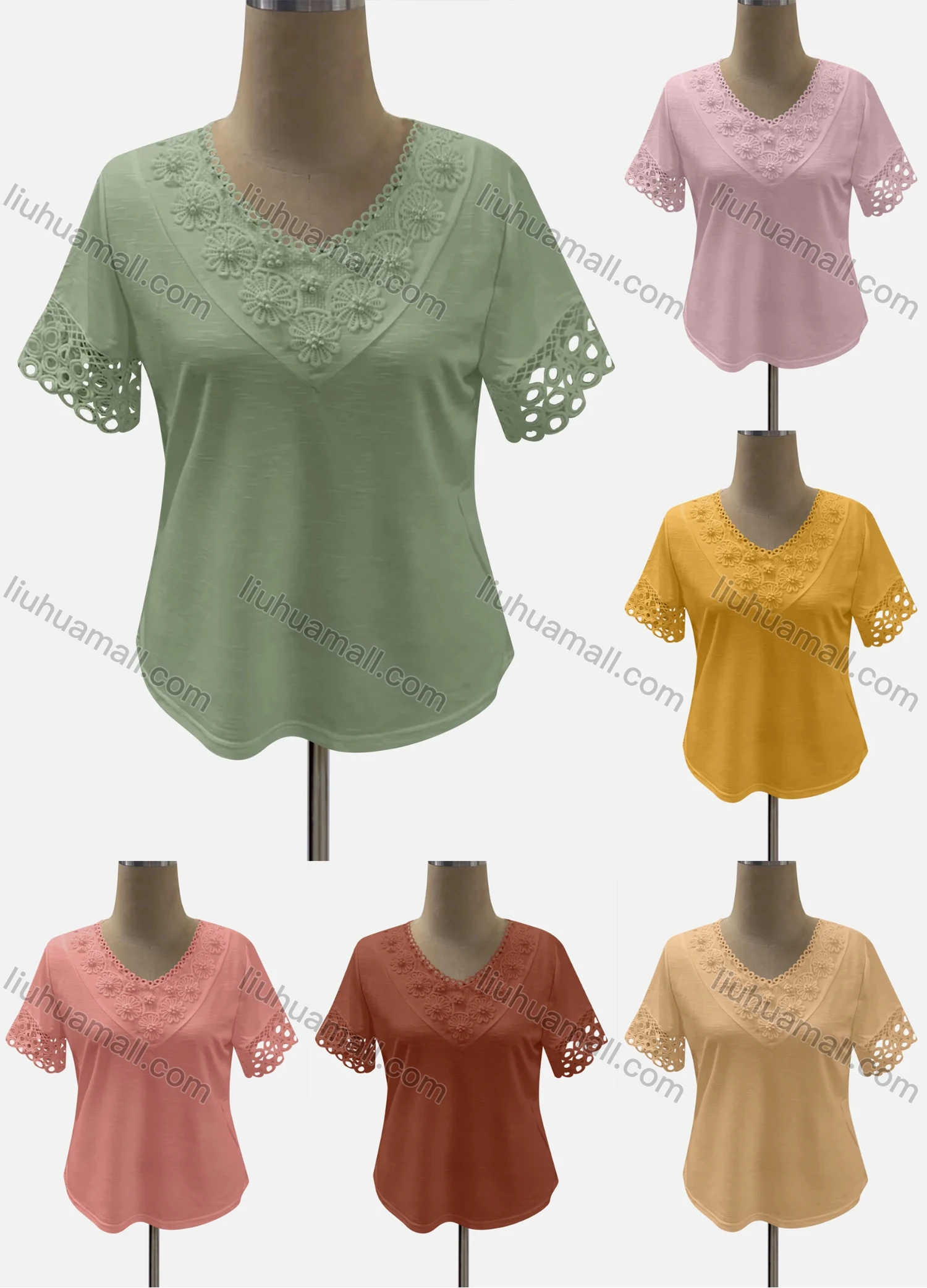 Wholesale Women's Casual V Neck Short Sleeve Hollow Out Appliques Blouse - Liuhuamall