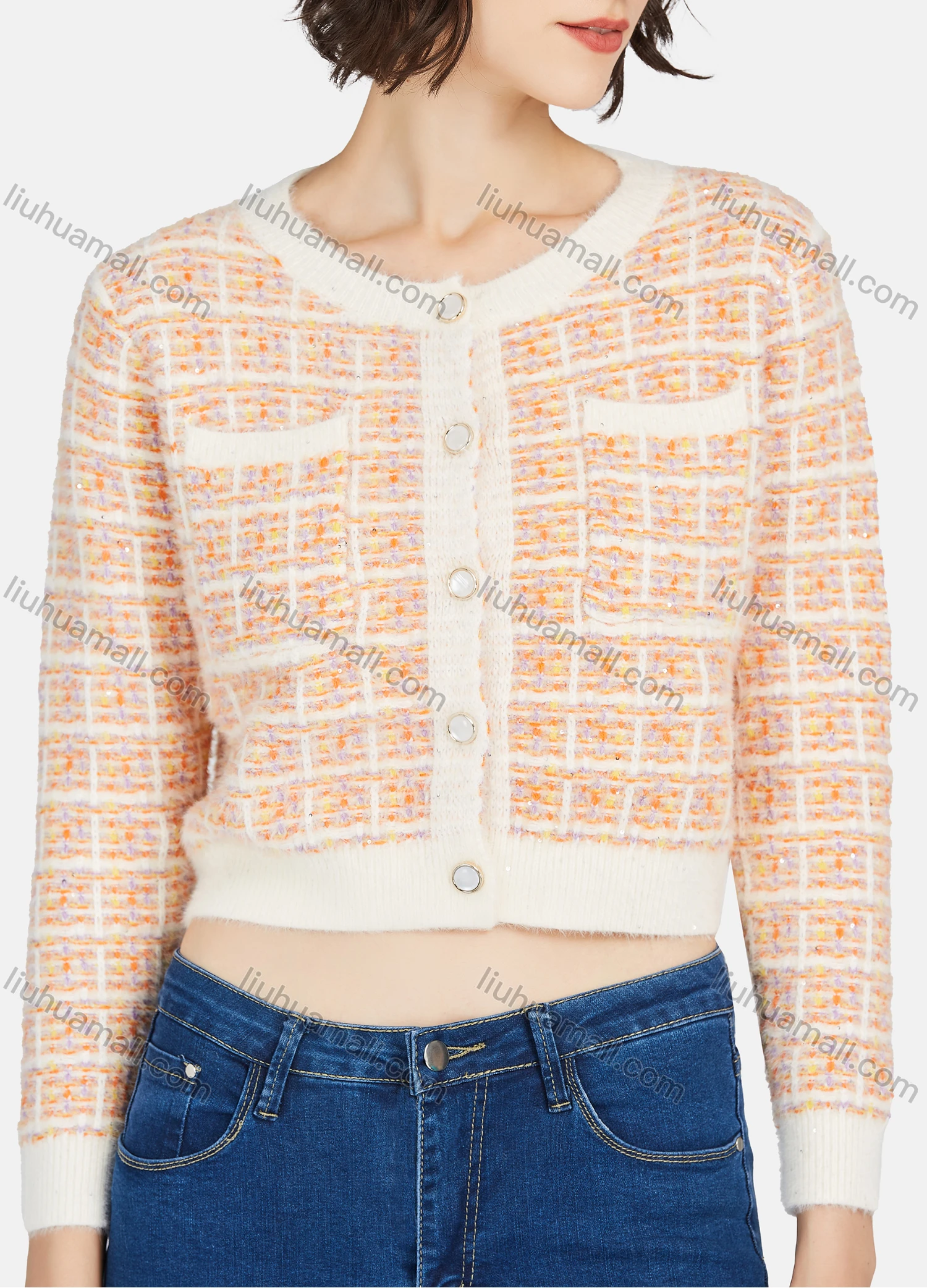 Wholesale Women's Casual Round Neck Button Down Sequin Long Sleeve Crop Sweater Knit Cardigan - Liuhuamall