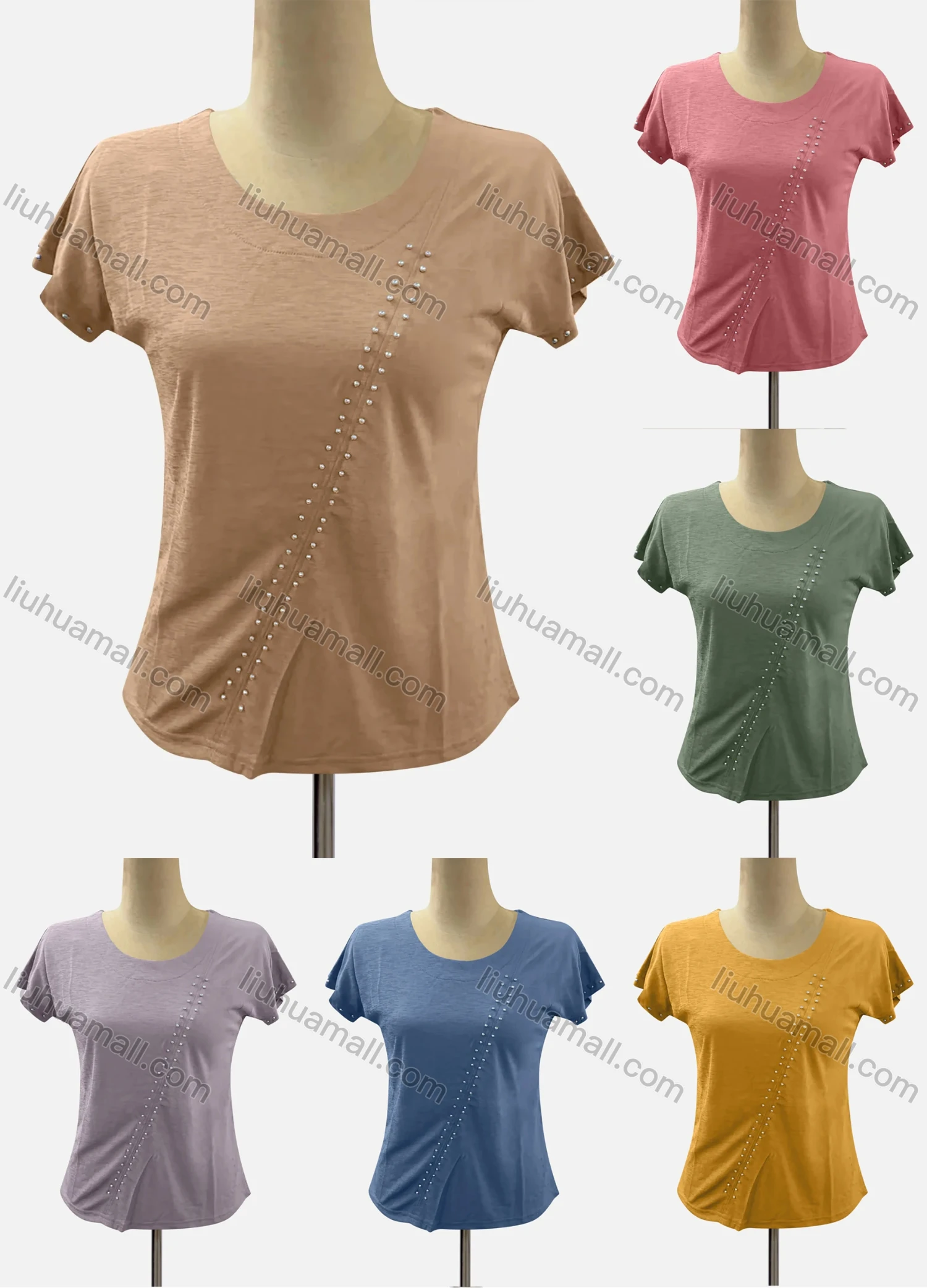 Wholesale Women's Casual Crew Neck Short Sleeve Beaded Blouse - Liuhuamall
