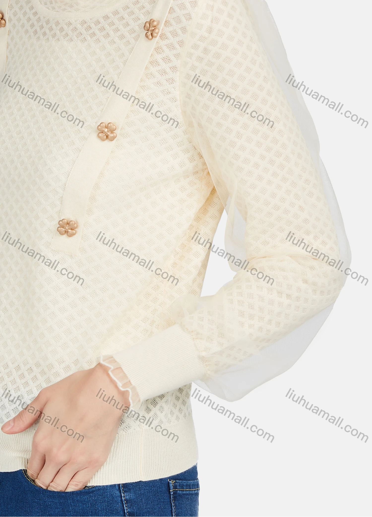 Wholesale Women's Casual Plain Ruffle Neck Clover Decor Mesh Long Sleeve Sweater - Liuhuamall