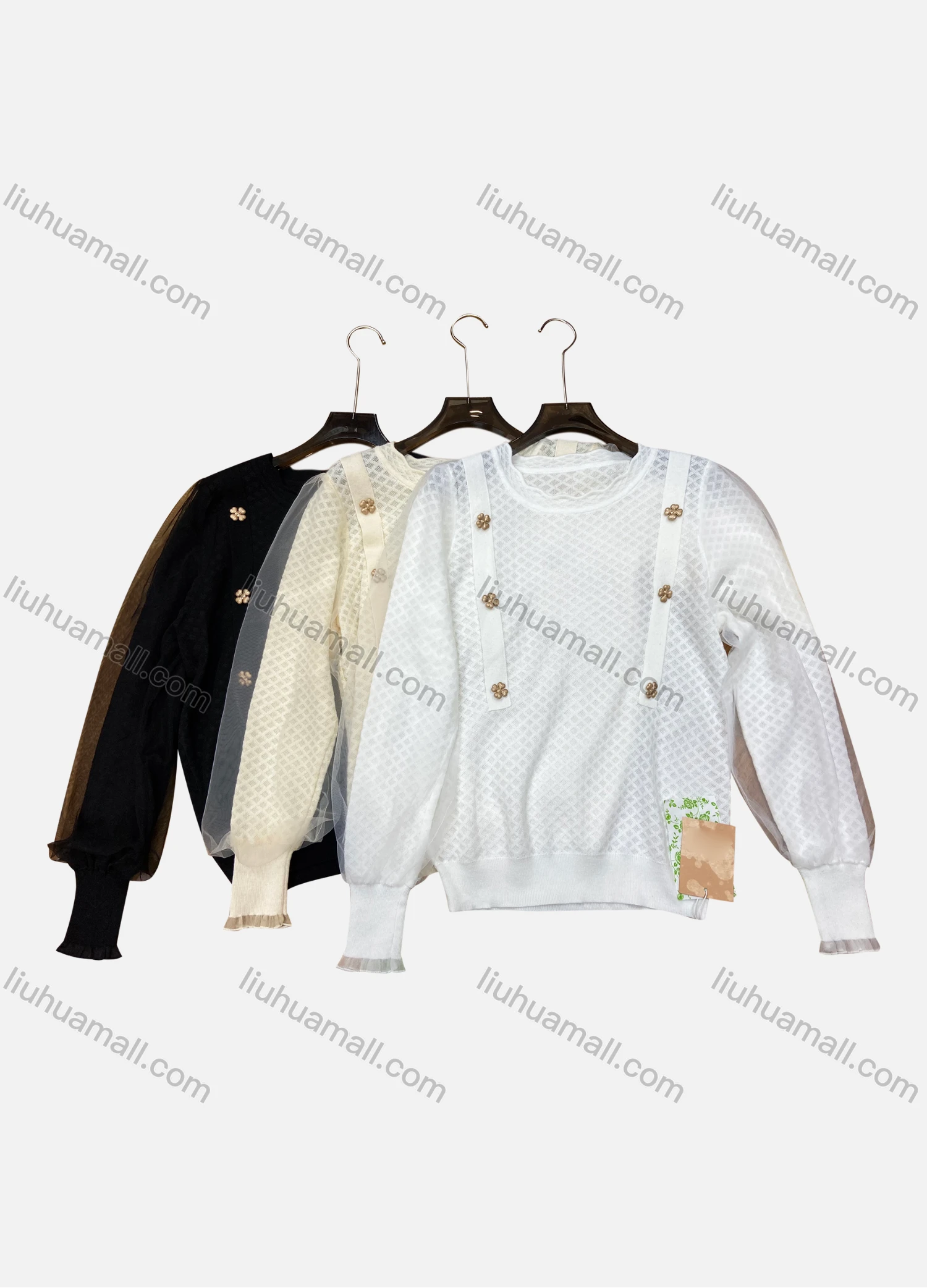 Wholesale Women's Casual Plain Ruffle Neck Clover Decor Mesh Long Sleeve Sweater - Liuhuamall