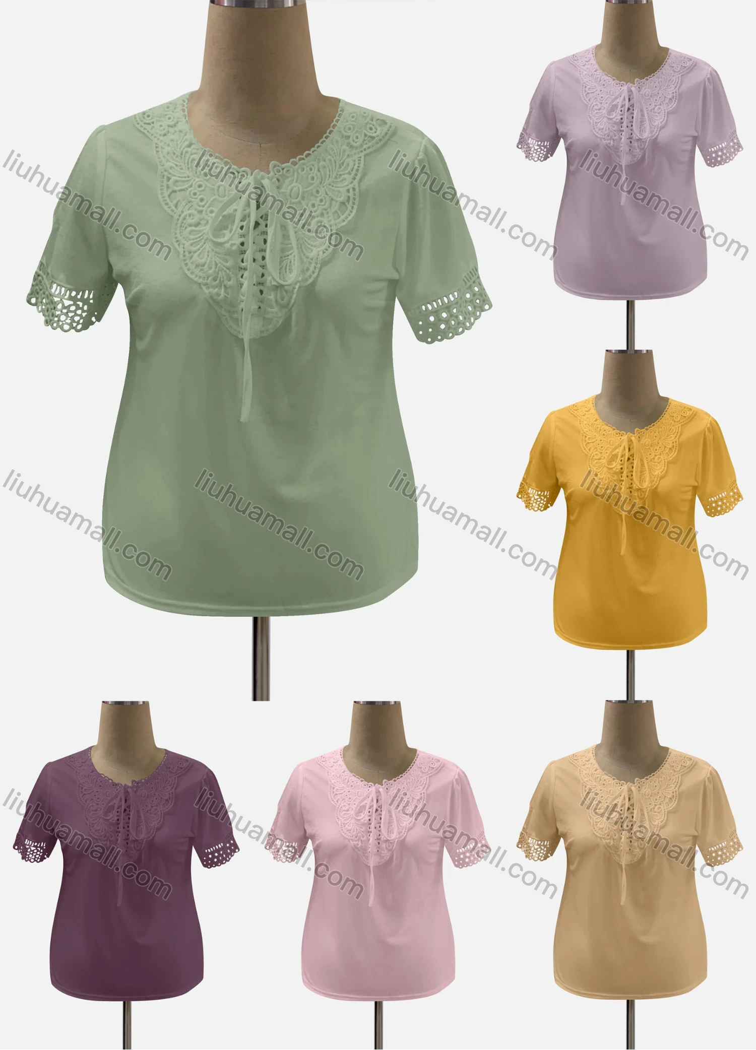 Wholesale Women's Casual Crew Neck Short Sleeve Lace Up Hollow Out Blouse - Liuhuamall