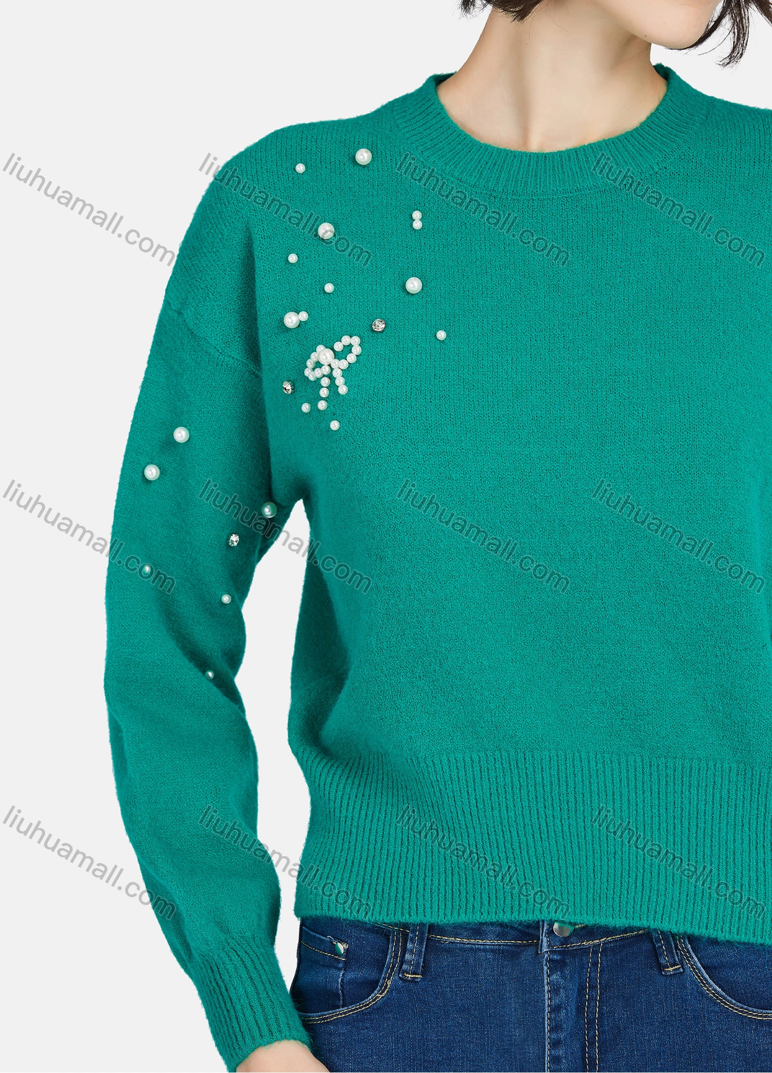 Wholesale Women's Casual Plain Round Neck Pearl Decor Long Sleeve Sweater - Liuhuamall