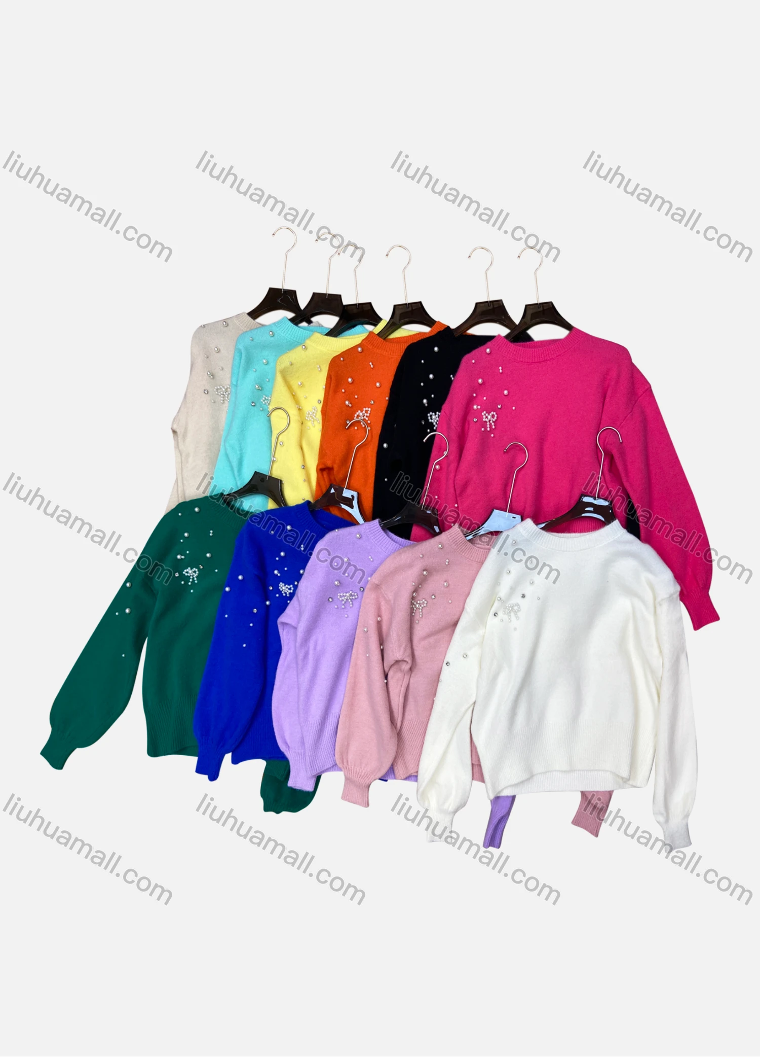 Wholesale Women's Casual Plain Round Neck Pearl Decor Long Sleeve Sweater - Liuhuamall