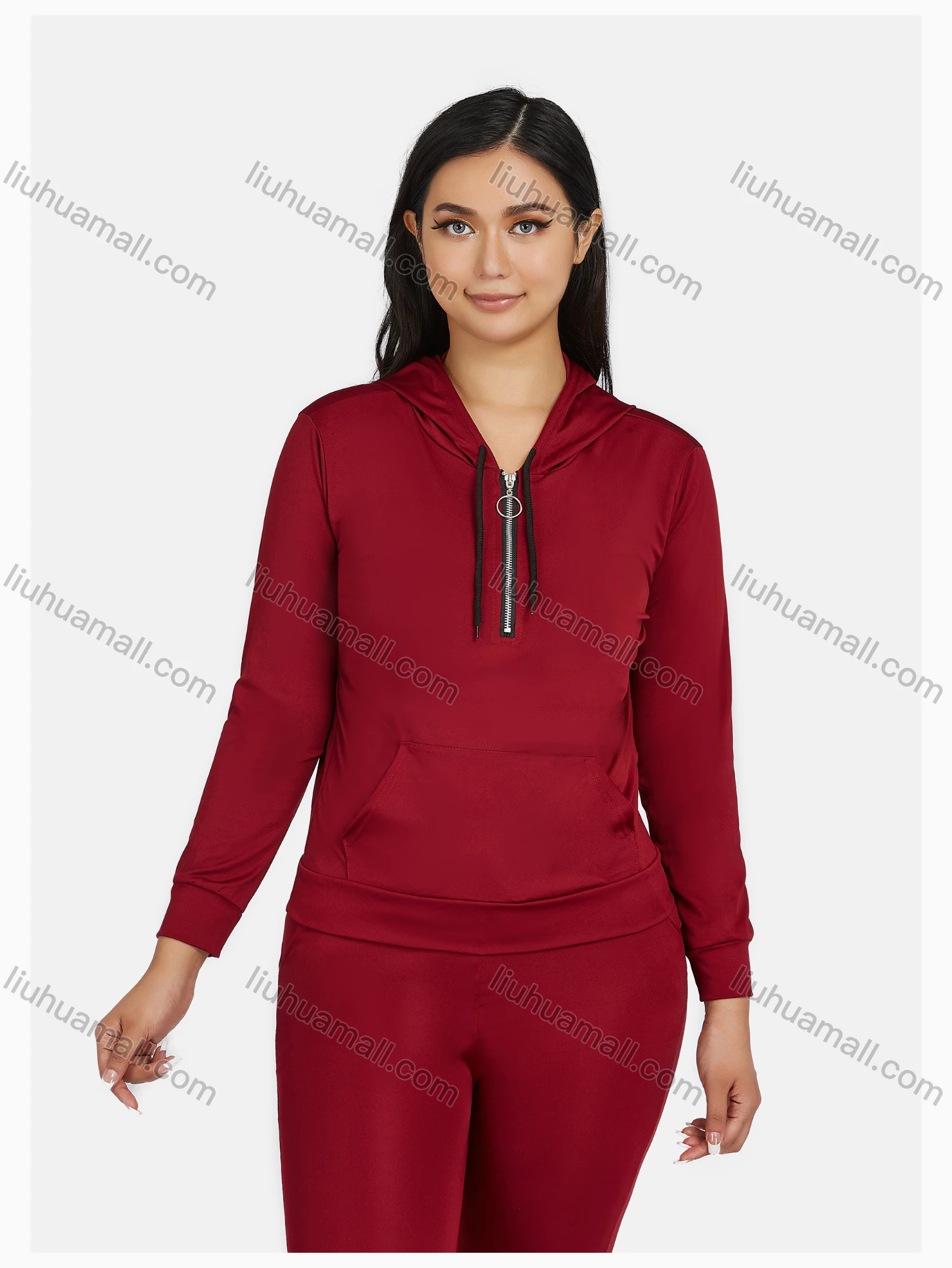 Wholesale Women's Sport Hooded Plain Zipper Long Sleeve Top & Jogger Sets - Liuhuamall
