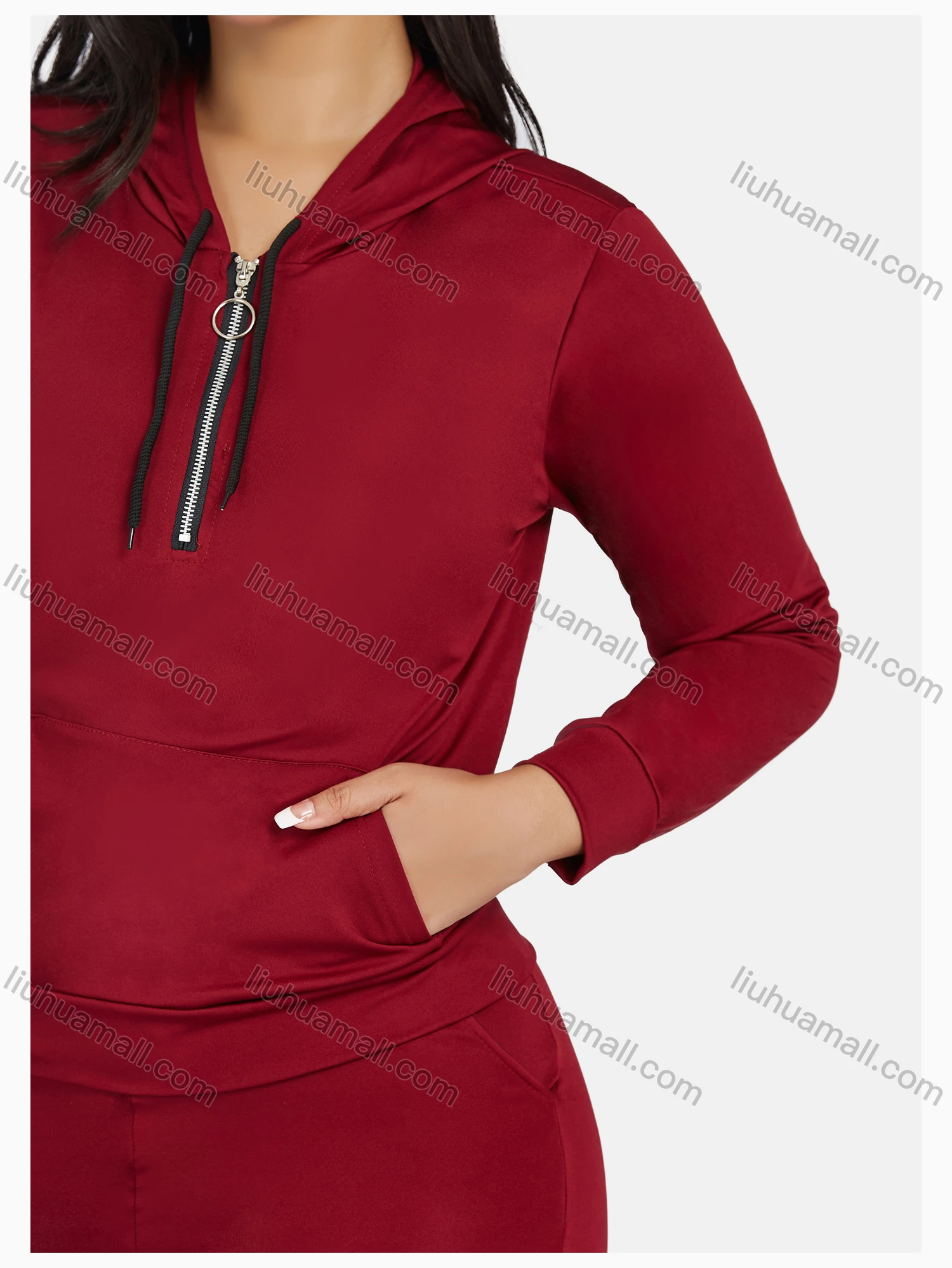 Wholesale Women's Sport Hooded Plain Zipper Long Sleeve Top & Jogger Sets - Liuhuamall