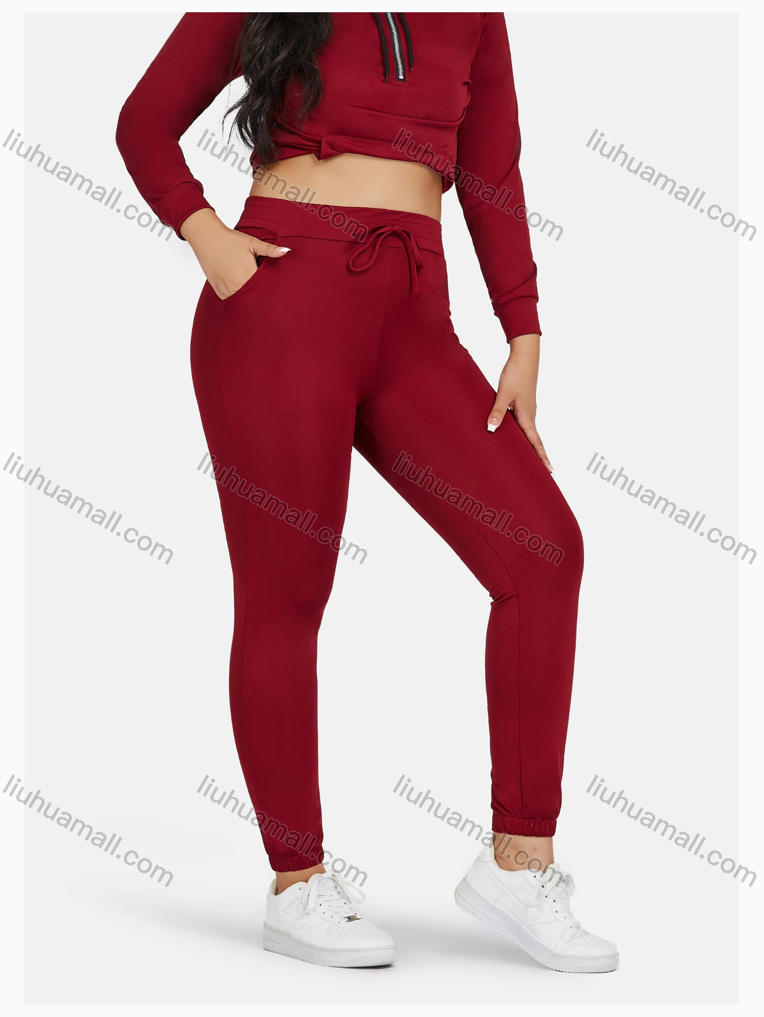 Wholesale Women's Sport Hooded Plain Zipper Long Sleeve Top & Jogger Sets - Liuhuamall