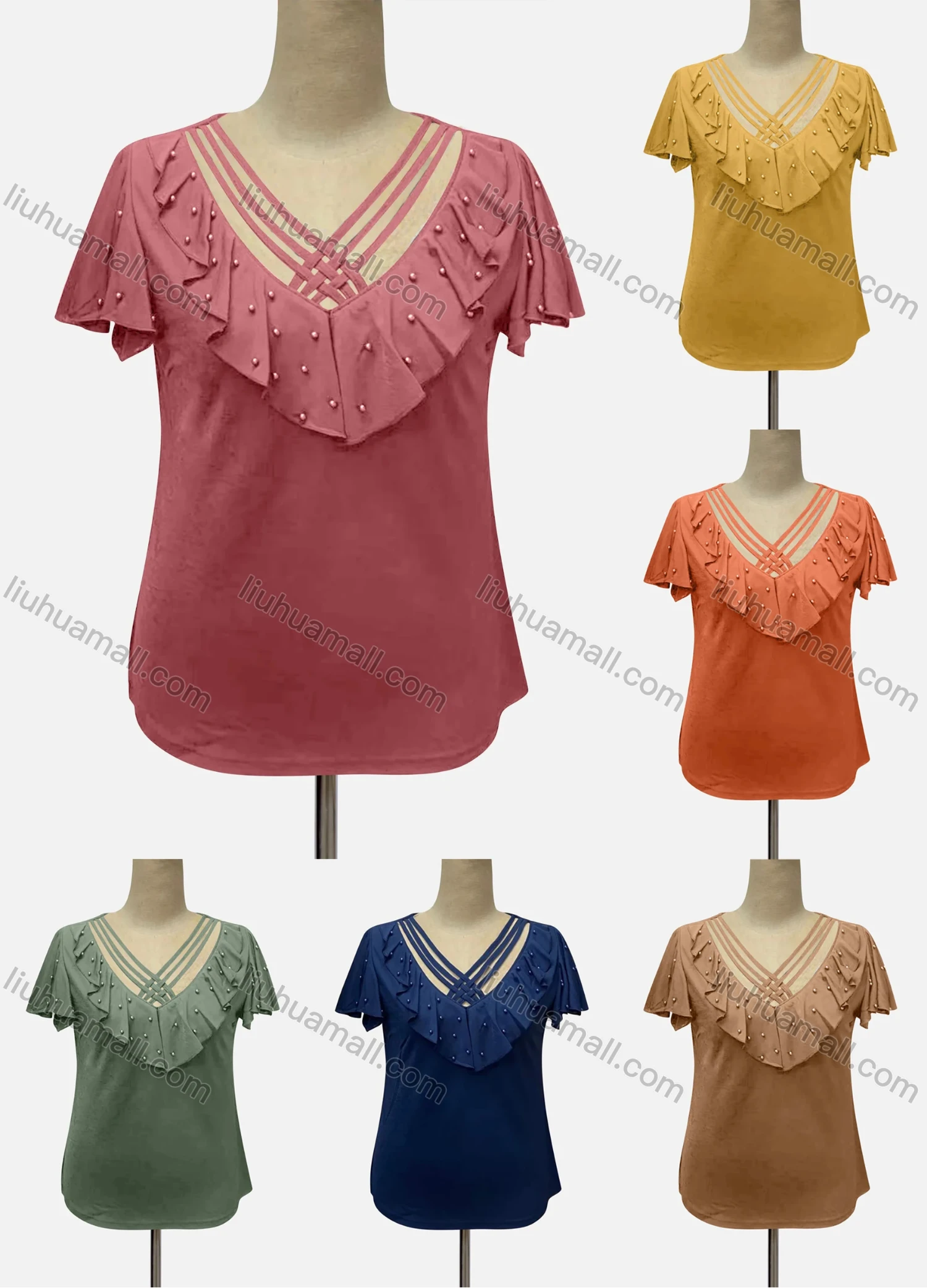 Wholesale Women's Casual V Neck Short Sleeve Criss Cross Ruffle Trim Blouse - Liuhuamall