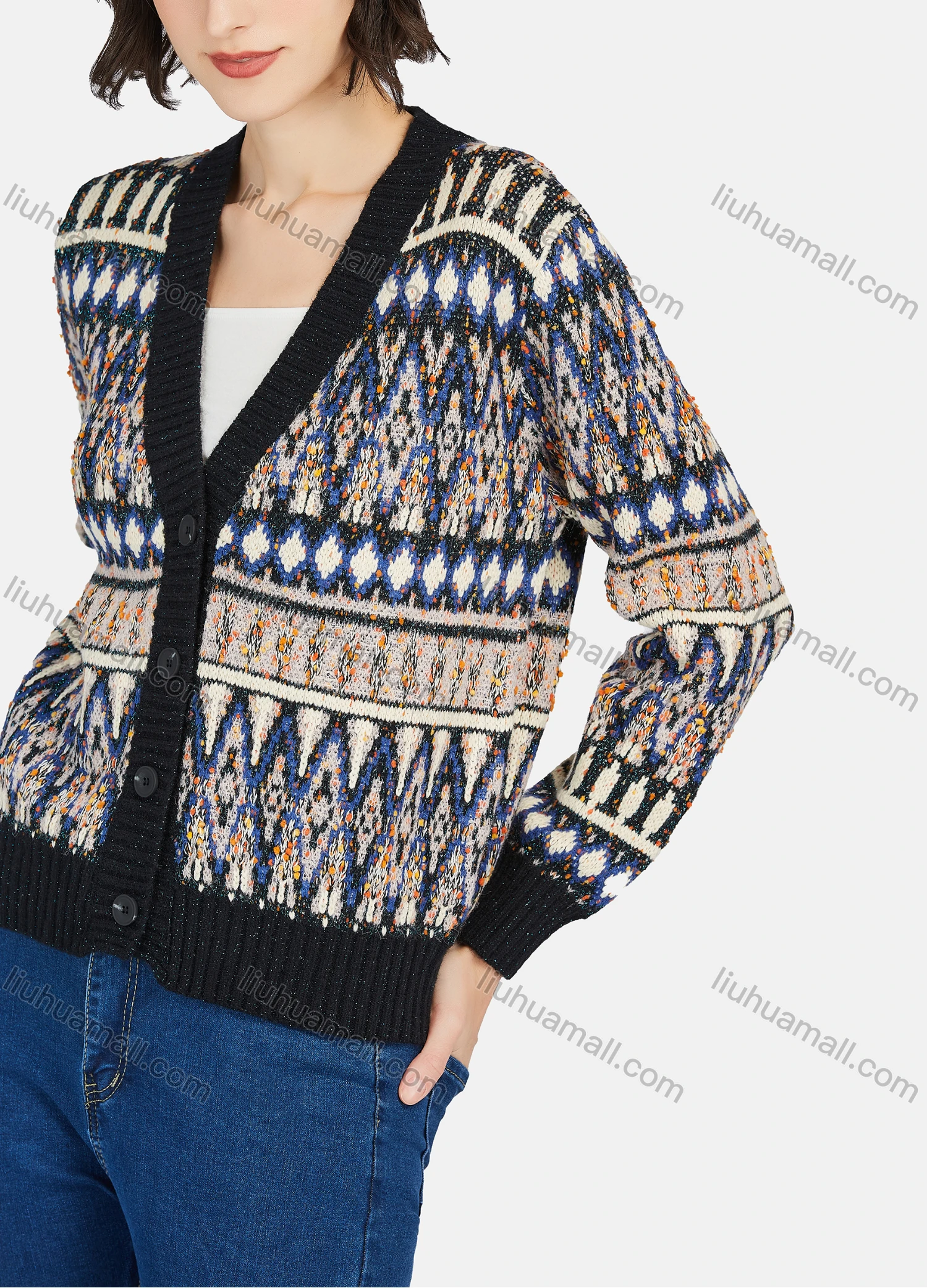 Wholesale Women's Vintage V Neck Button Down Long Sleeve Sweater Knit Cardigan - Liuhuamall