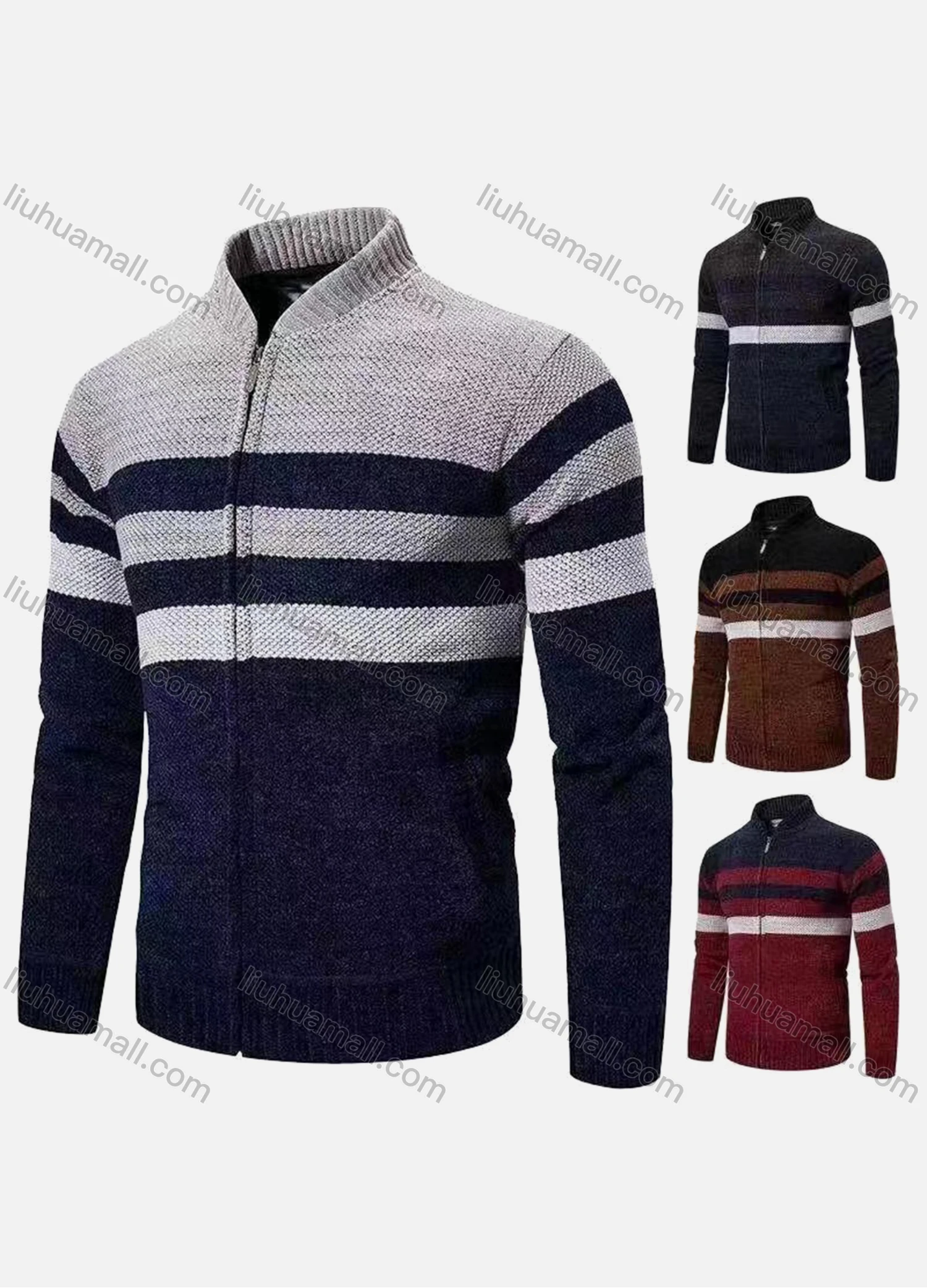 Wholesale Men's Casual Long Sleeve Zipper Colorblock Knit Jackets With Thermal Lined - Liuhuamall