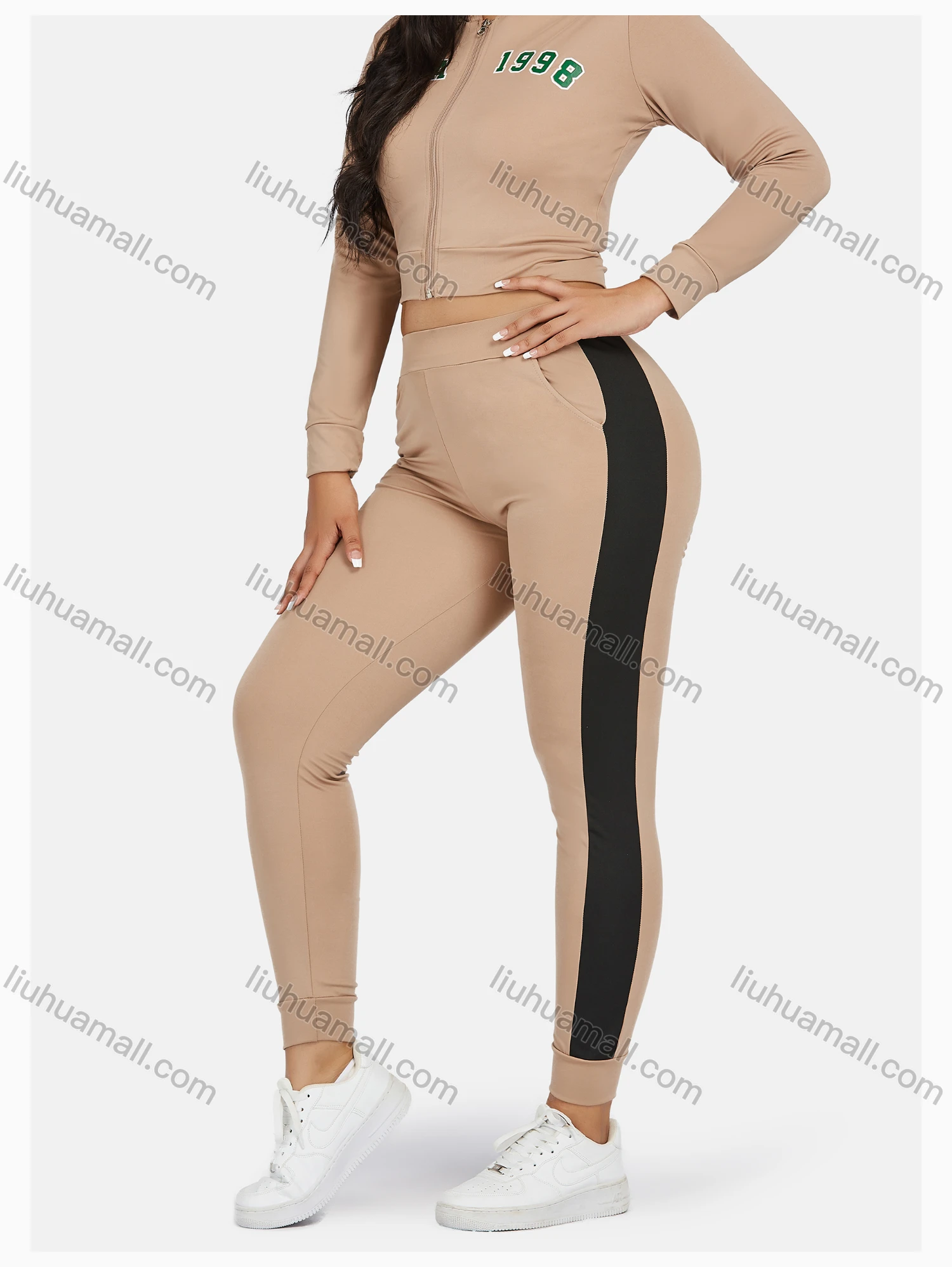 Wholesale Women's Sport Hooded Letter Zipper Long Sleeve Top & Jogger Sets - Liuhuamall