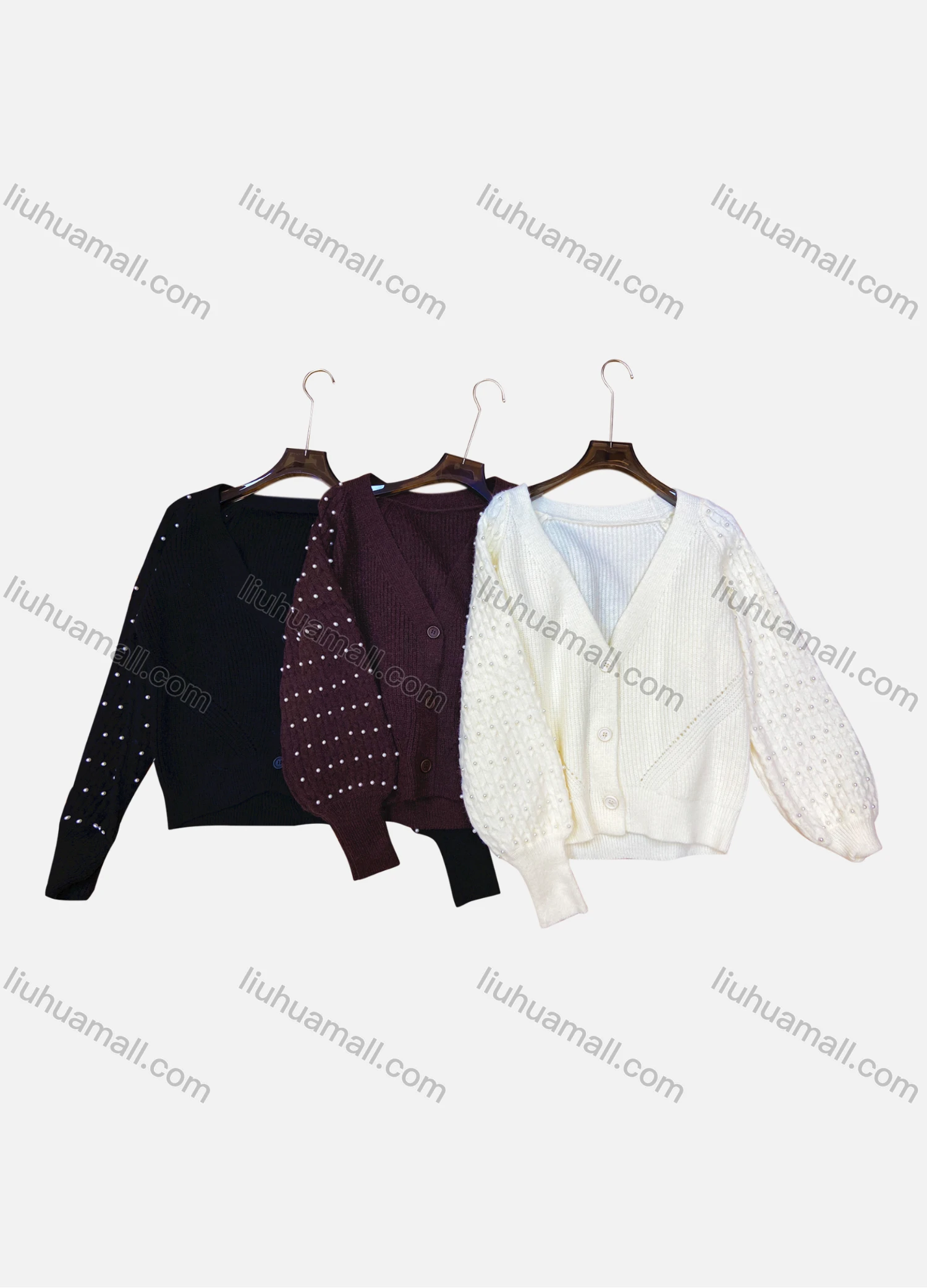 Wholesale Women's Casual Plain V Neck Button Down Long Sleeve Pearl Decor Sweater Knit Cardigan - Liuhuamall