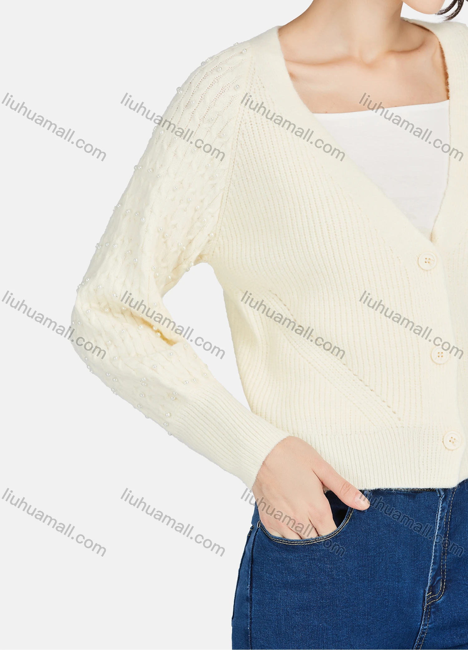 Wholesale Women's Casual Plain V Neck Button Down Long Sleeve Pearl Decor Sweater Knit Cardigan - Liuhuamall
