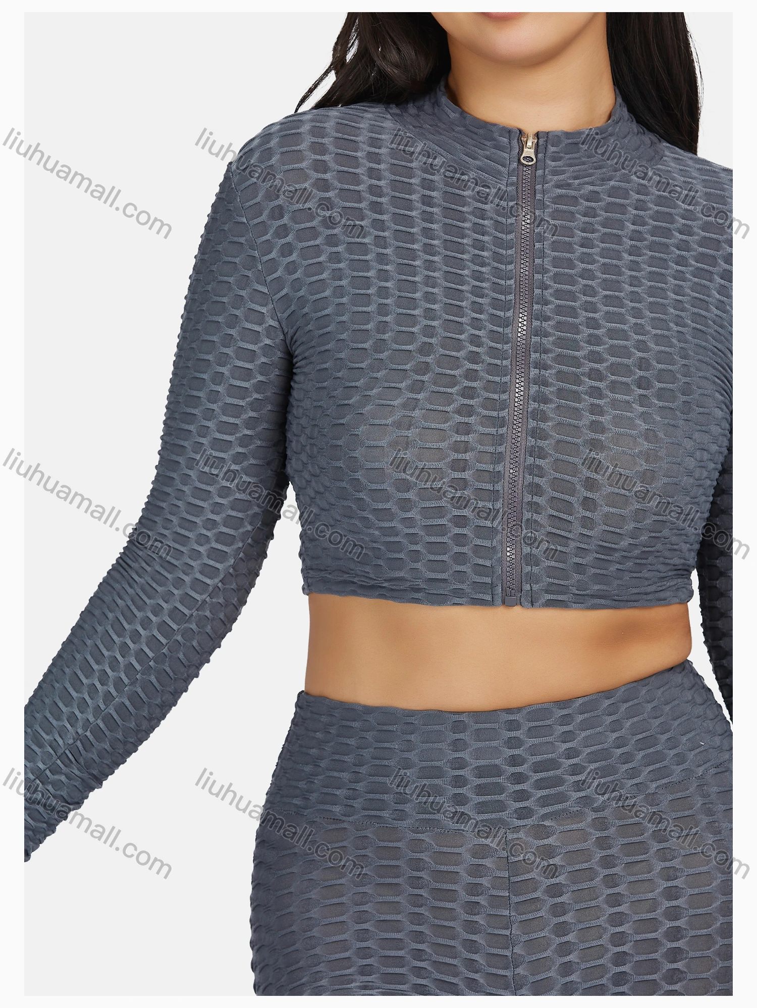 Wholesale Women's Sport Plain Textured Zipper Long Sleeve Top & Shorts Sets - Liuhuamall