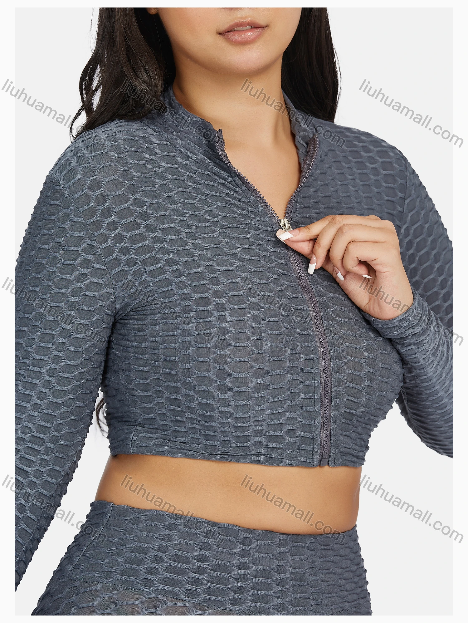 Wholesale Women's Sport Plain Textured Zipper Long Sleeve Top & Shorts Sets - Liuhuamall