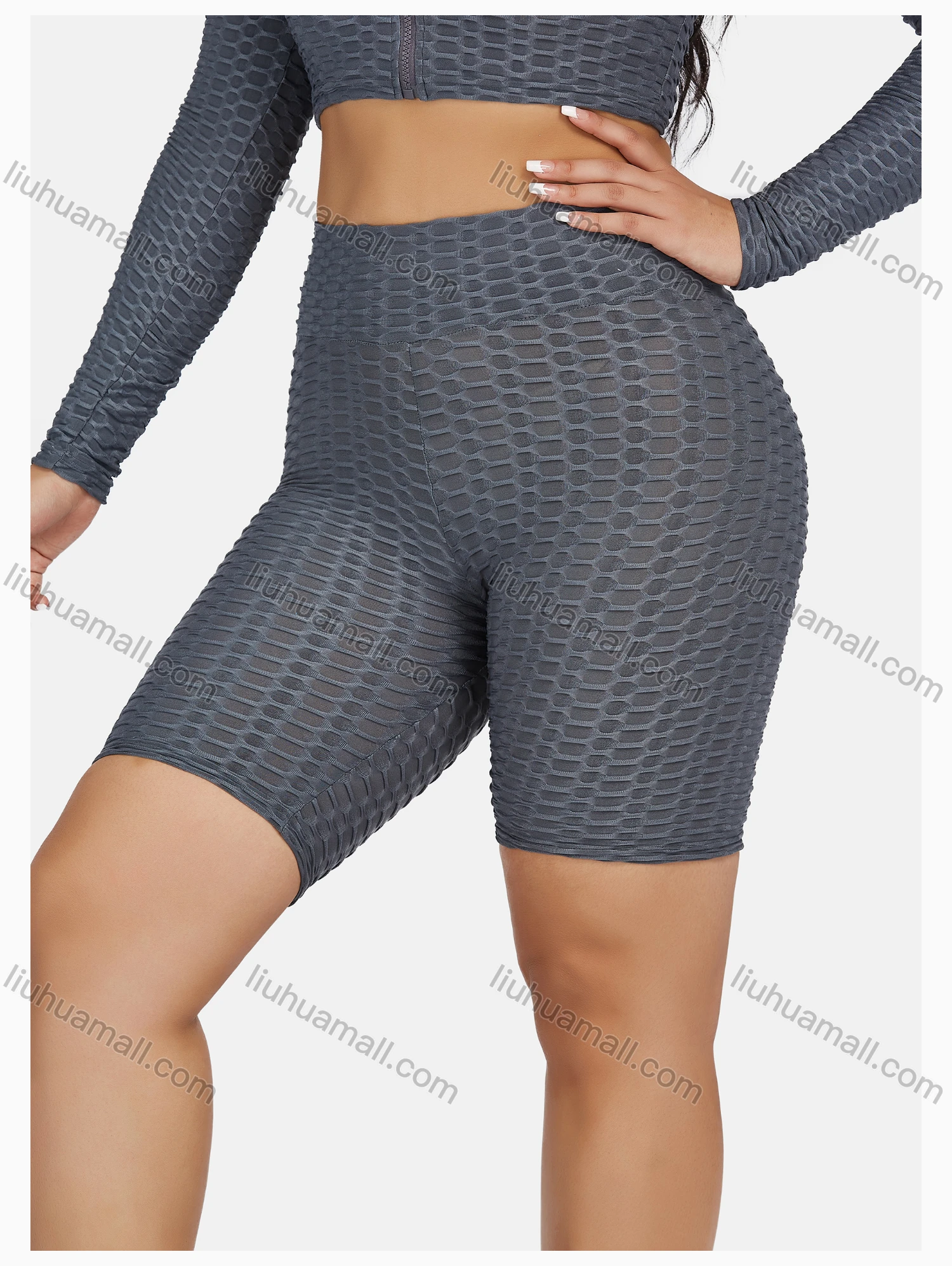 Wholesale Women's Sport Plain Textured Zipper Long Sleeve Top & Shorts Sets - Liuhuamall