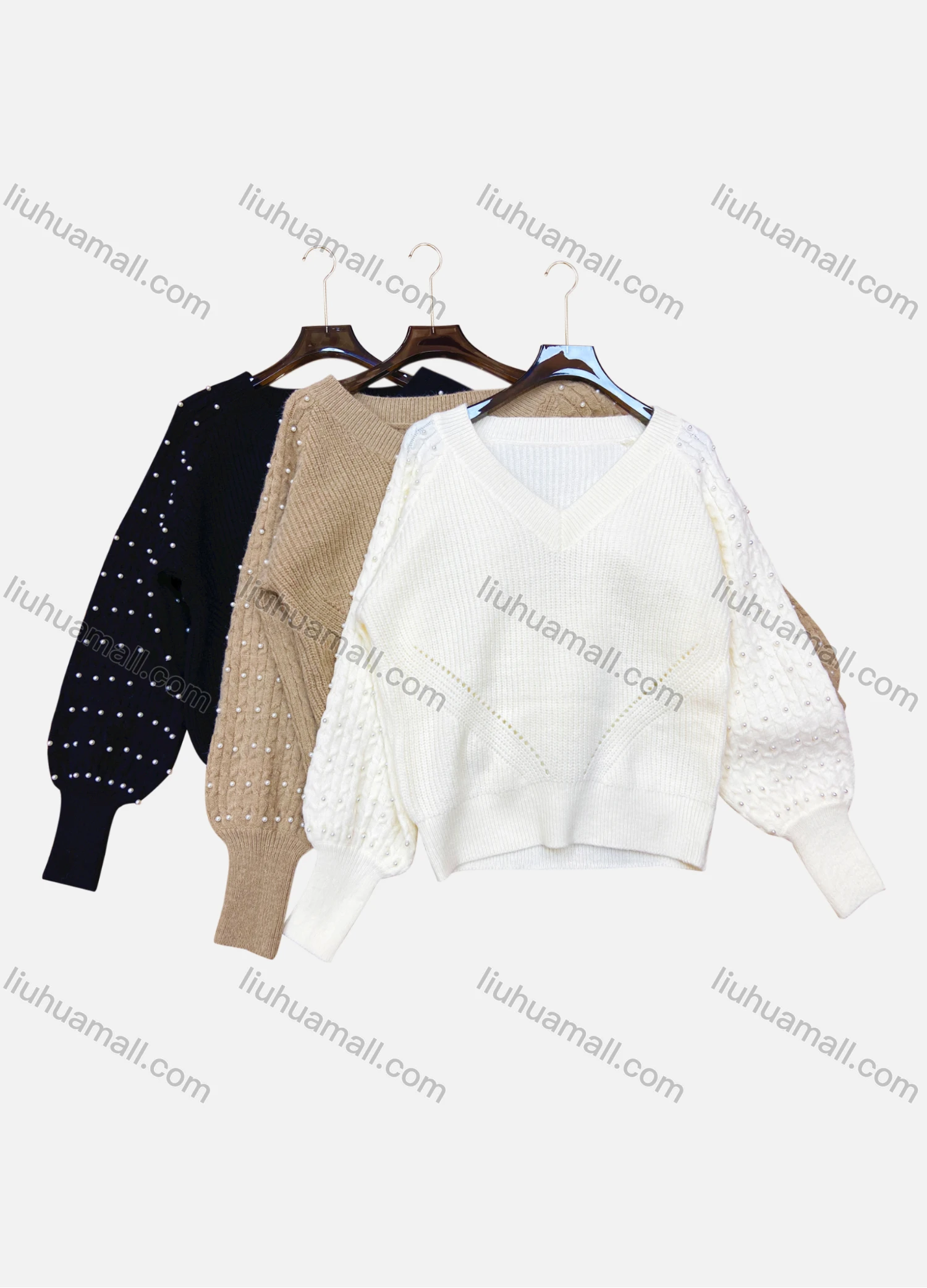 Wholesale Women's Casual Plain V Neck Pearl Decor Long Sleeve Sweater - Liuhuamall