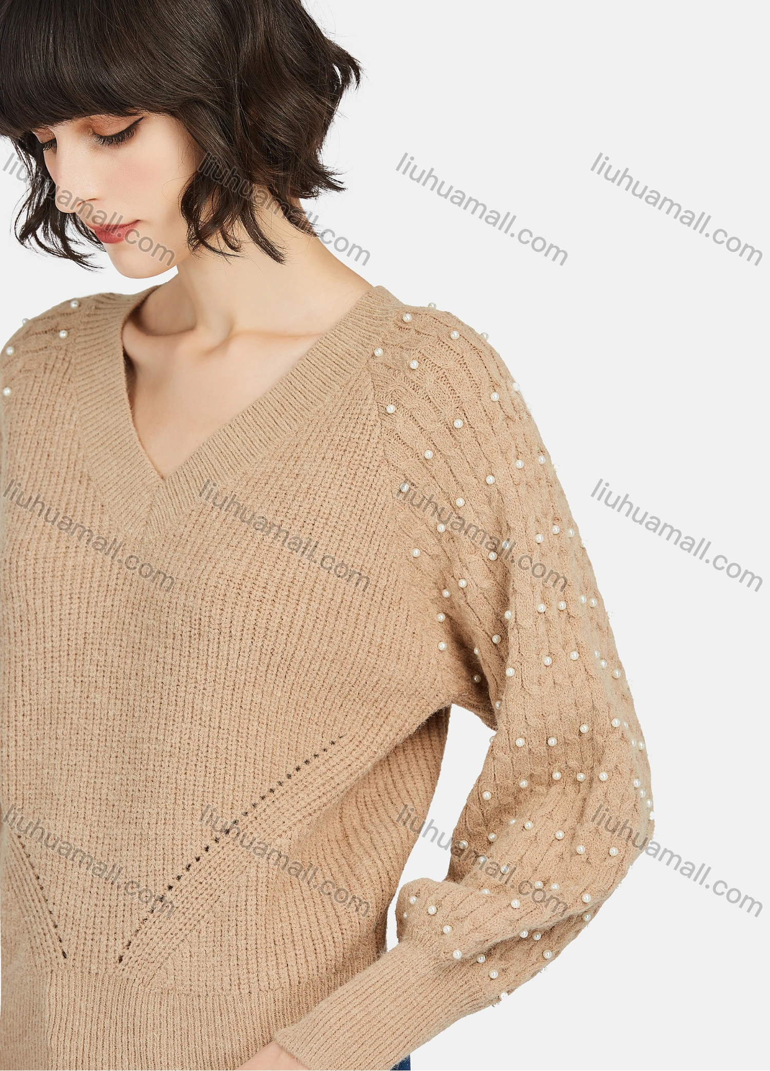 Wholesale Women's Casual Plain V Neck Pearl Decor Long Sleeve Sweater - Liuhuamall
