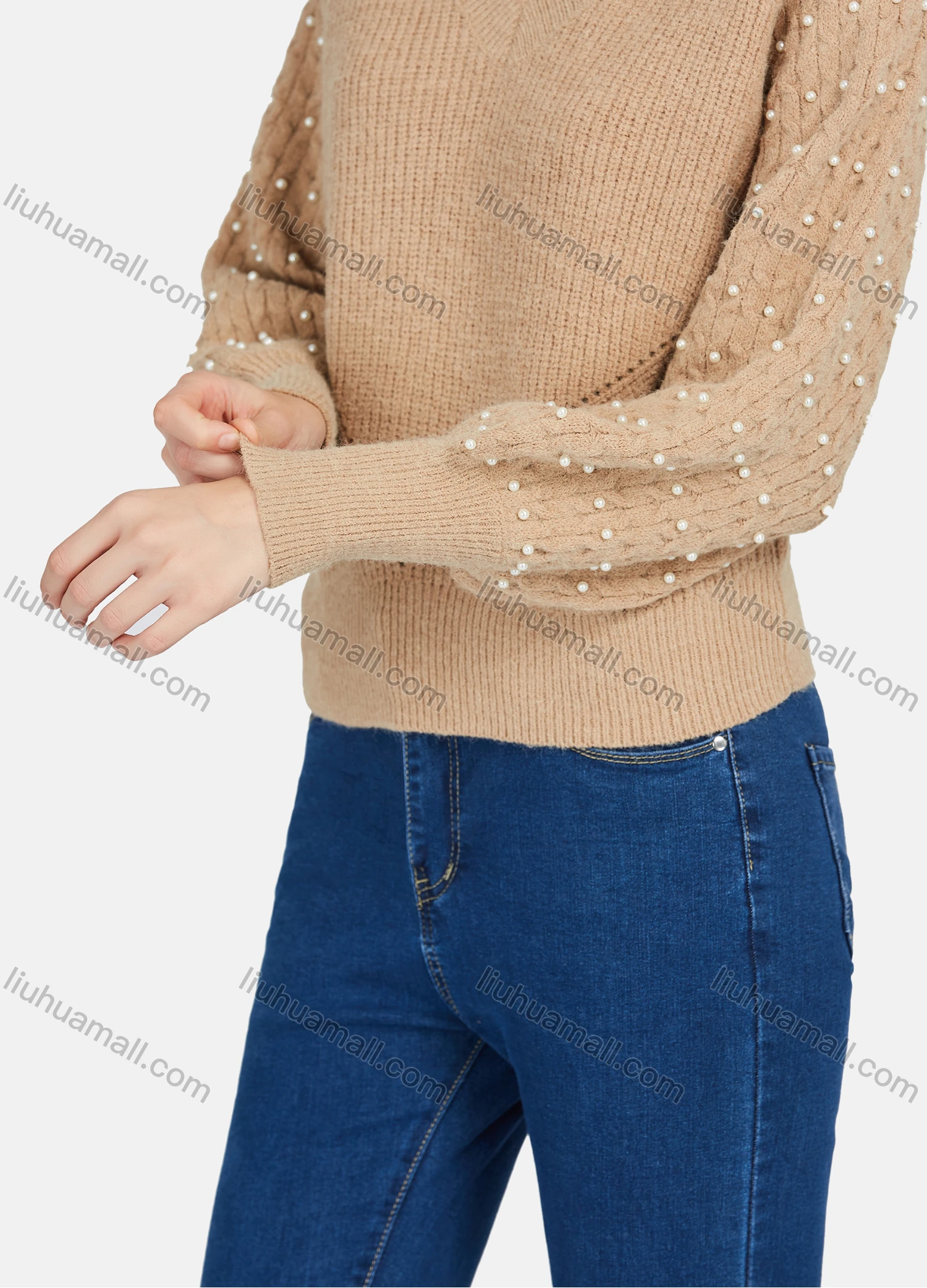 Wholesale Women's Casual Plain V Neck Pearl Decor Long Sleeve Sweater - Liuhuamall