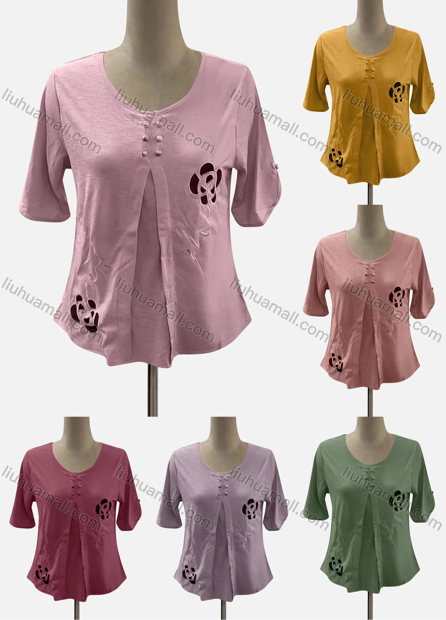 Wholesale Women's Casual Scoop Neck Half Sleeve Beaded Blouse - Liuhuamall