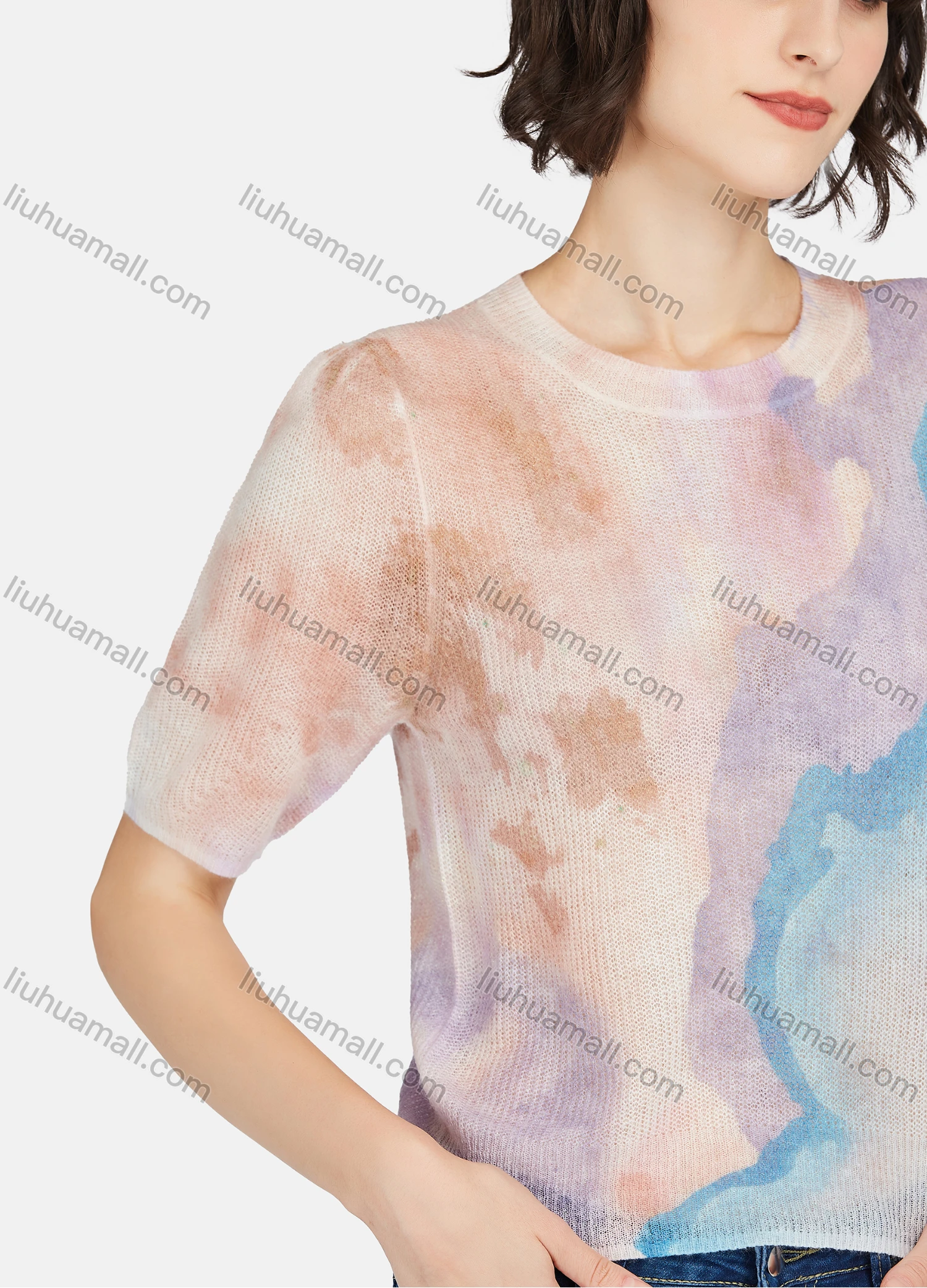 Wholesale Women's Casual Tie Dye Round Neck Half Sleeve Sweater - Liuhuamall
