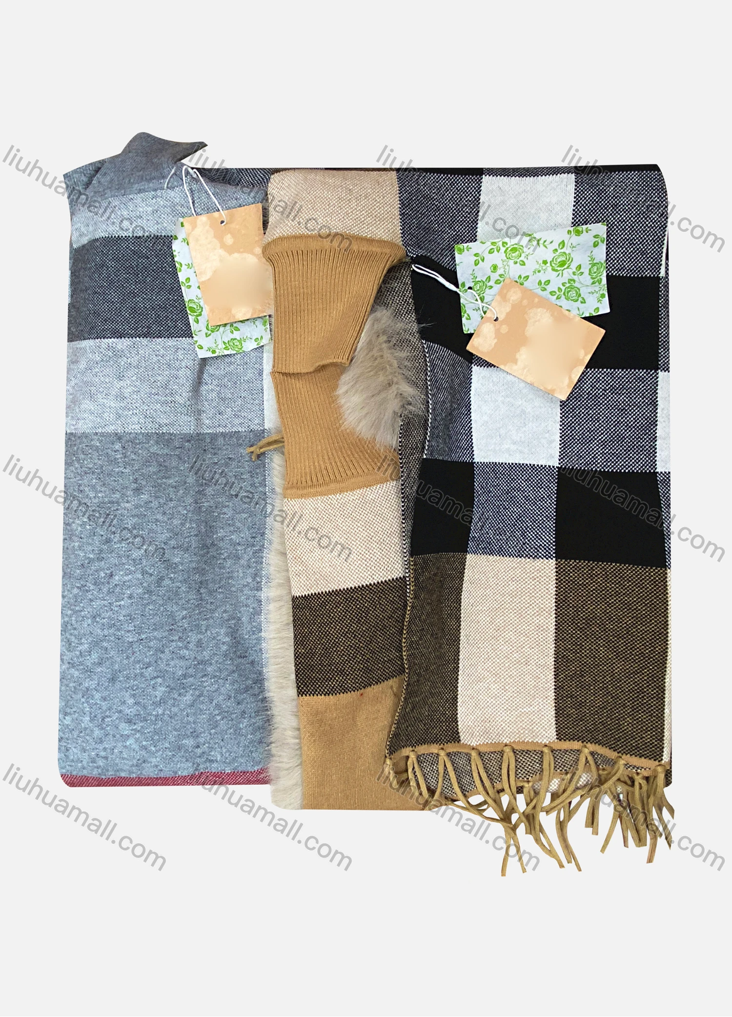 Wholesale Women's Casual Plaid Print Fluff Shawl - Liuhuamall